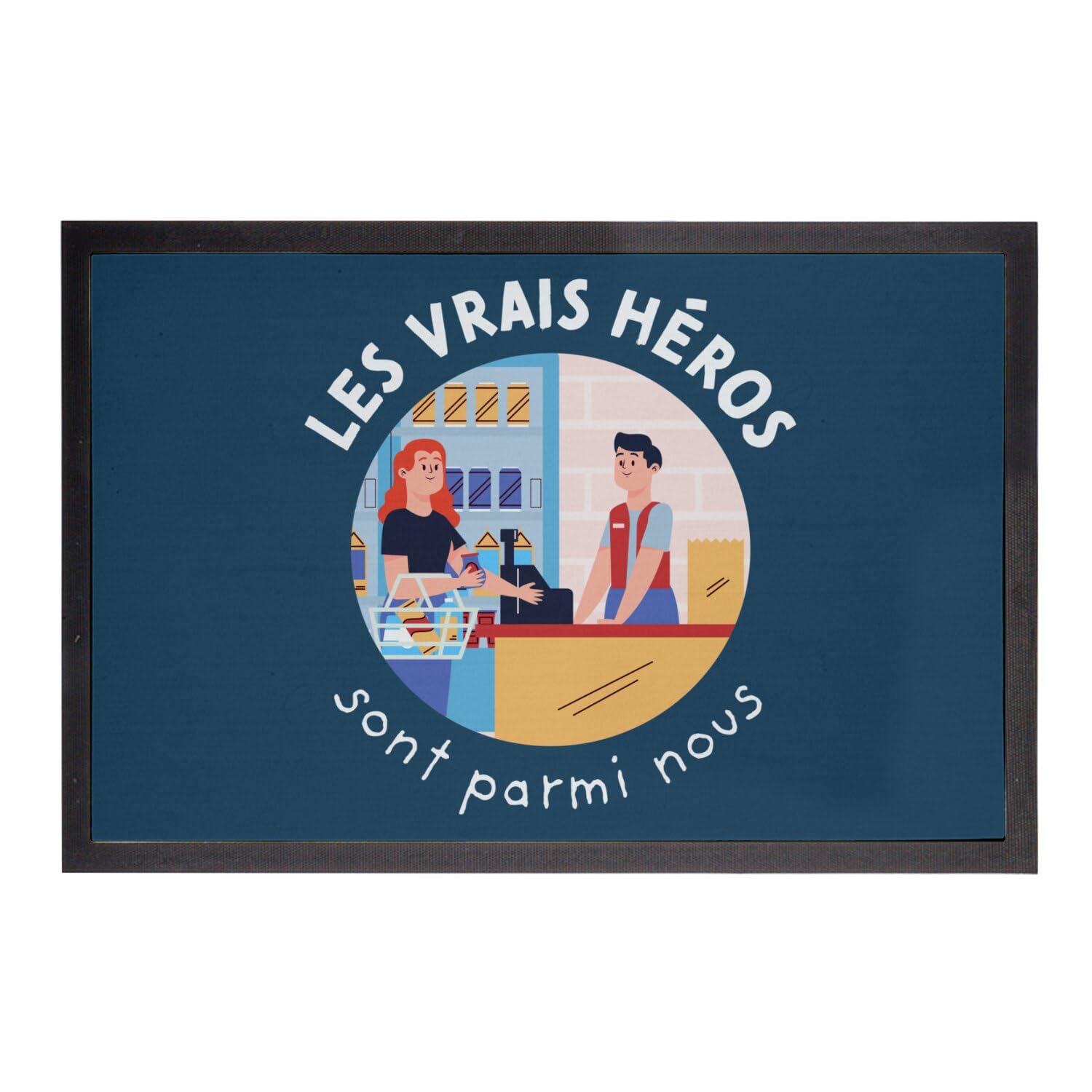 Paillasson bleu Les Vrais Héros pour sublimer l'entrée des caissiers et vendeurs 60x40cm
