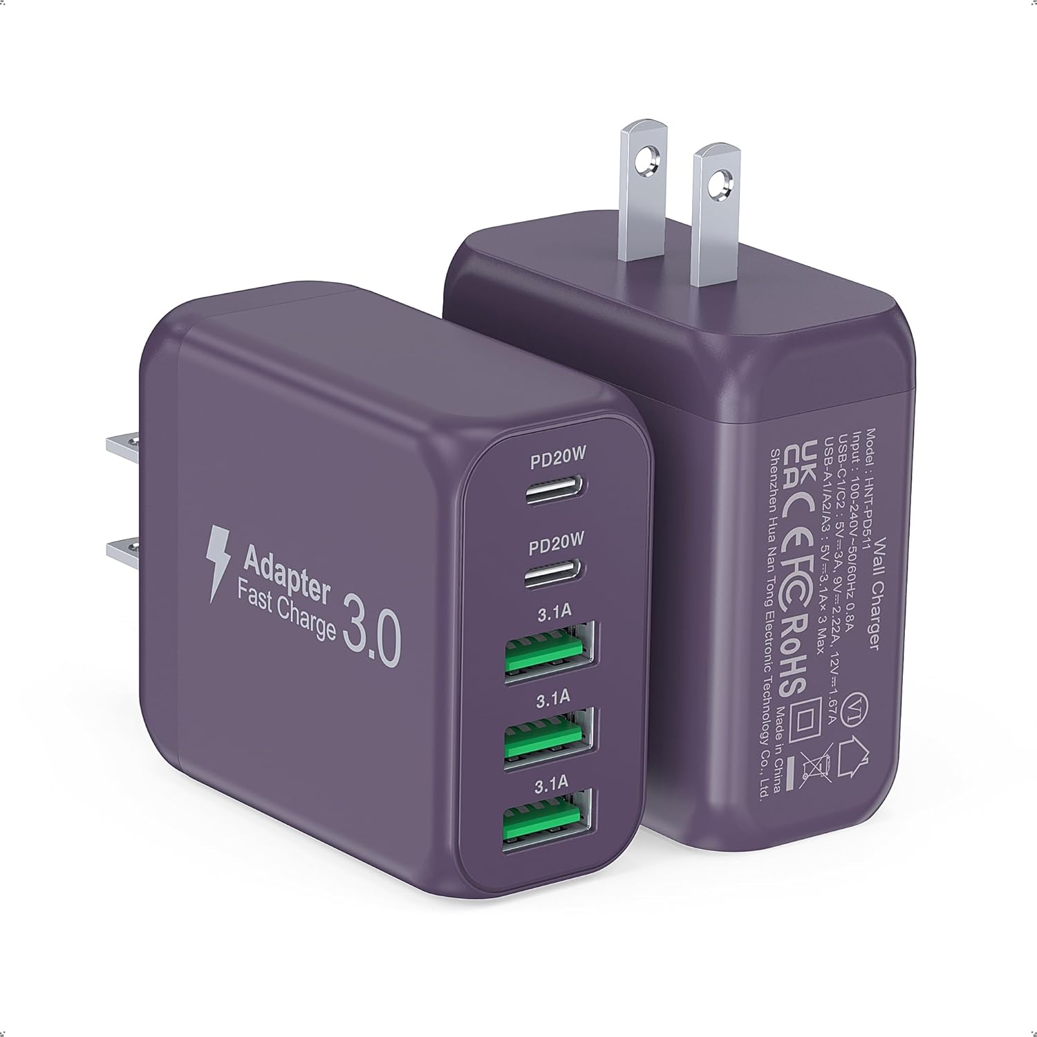 60W 2-Pack USB C Wall Charger Block, 5-Port C Charger Fast Charging Block PD Power Adapter +QC 3.0 Multiport Type C Box Brick Cube USB A Wall Plug for iPhone 14/15/16/17 Pro Max,Samsung Galaxy(Purple)