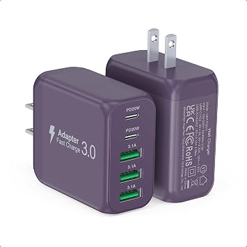 50W 2-Pack USB C Wall Charger Block, 5-Port C Charger Fast Charging Block PD Power Adapter +QC Multiport Type C Box Brick Cube USB A Wall Plug for iPhone 14/15/16/17 Pro Max,Samsung GalaxyPurple