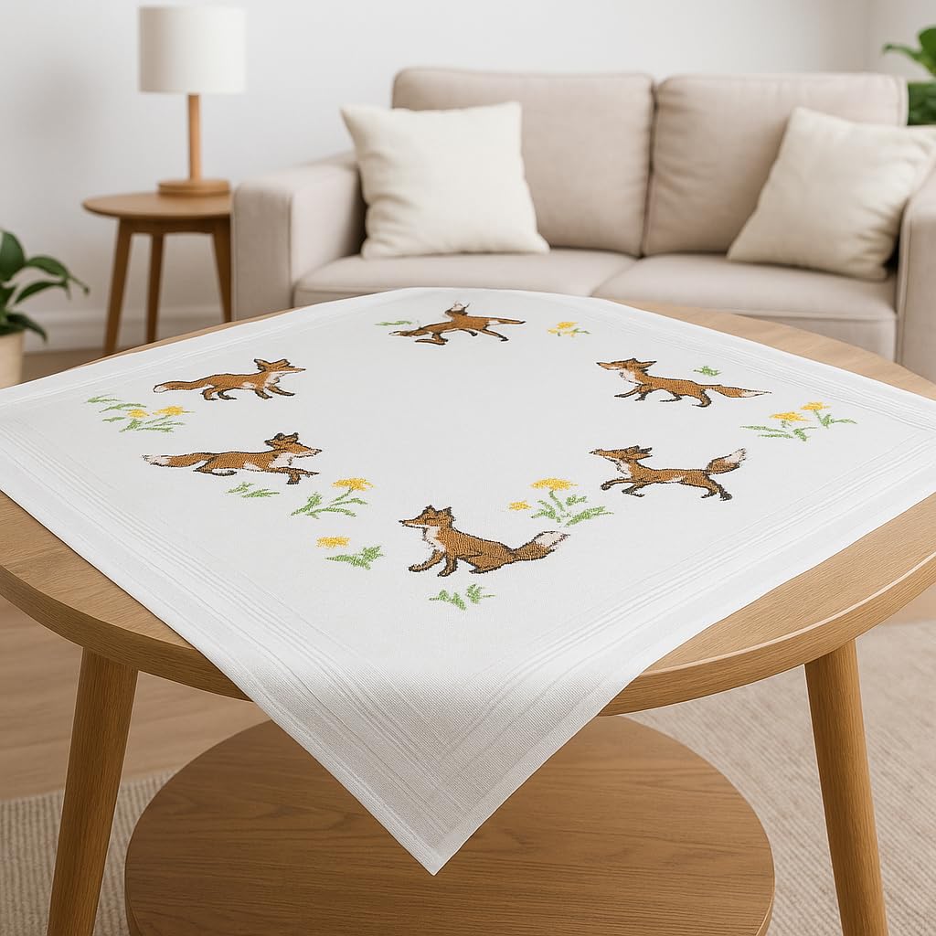 Kamaca Cream Brown Beige Embroidery Kit, Tablecloth, Cross Stitch Animals, Pre-Printed Embroidery Blanket Including Embroidery Thread, Embroidery Template And Instructions Embroidery Set For Self-Embroidery For Adults