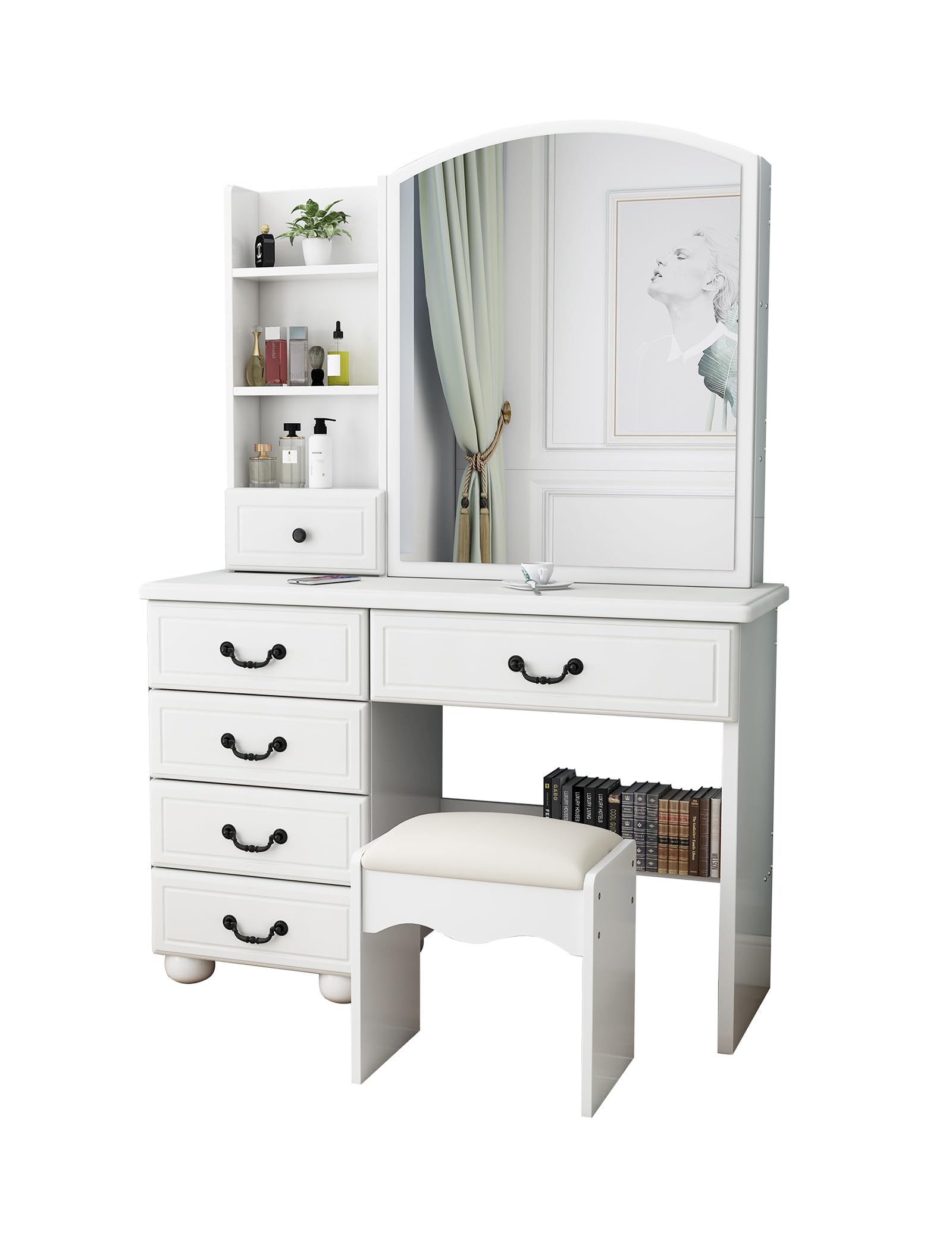KUIKUI Vanity Desk with Mirror and Lights, Makeup Vanity Desk with Lights, Vanity Mirror with Lights Desk and Chair, 35.43''x15.35''x53.15'', 6 Drawers
