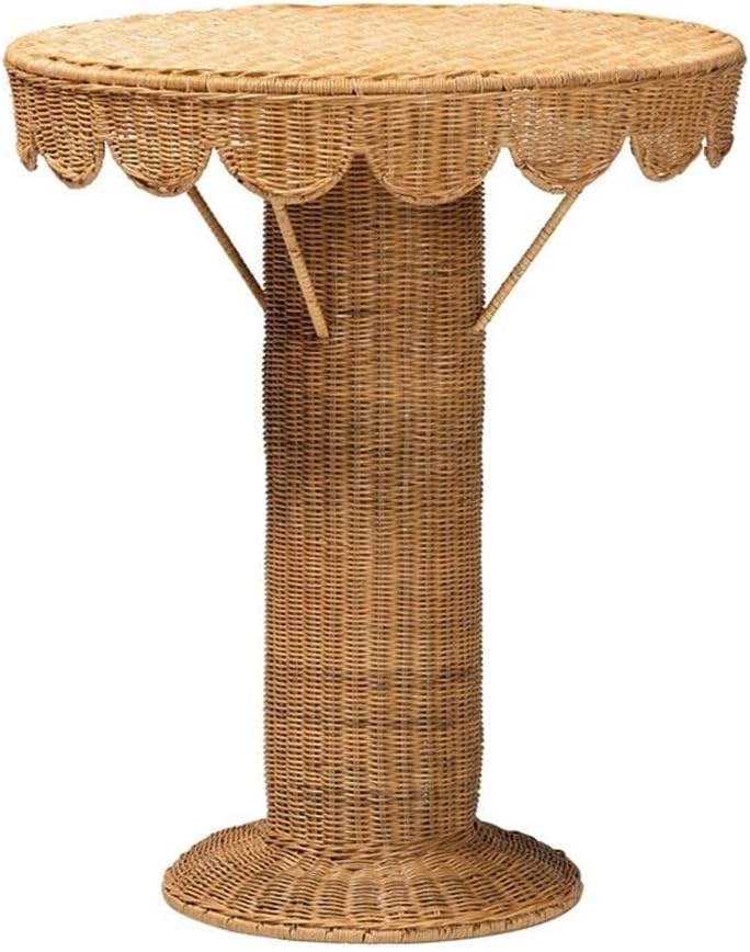 BOWERY HILL Bohemian Rattan Scalloped Accent Table, Light Honey Finish, Round 27.6 in Tabletop, Natural Rattan and Metal Construction, Column Base, Rustic Style for Living Room or Semi-Outdoor Use