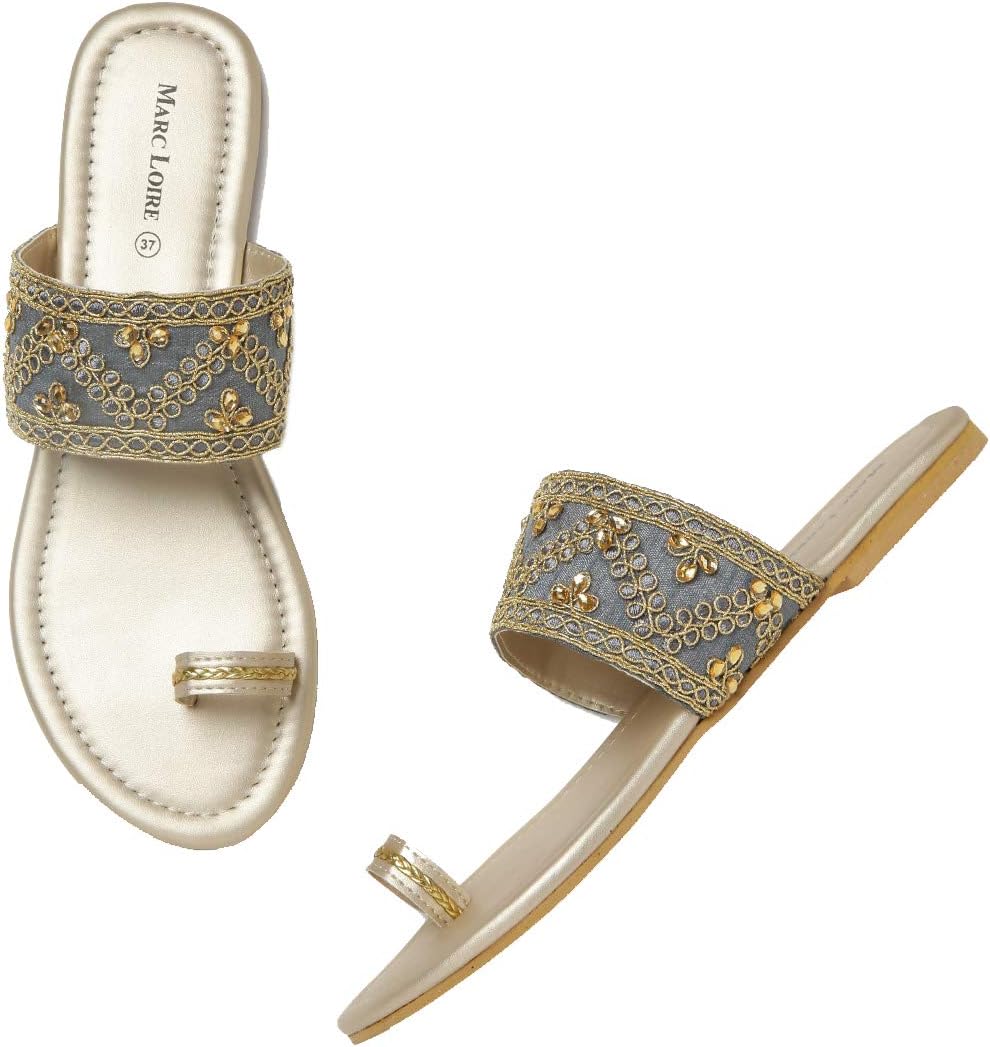 Marc LoireWomen's Grey Embroidered Slip On Flip Flop Ethnic Flats Chappal