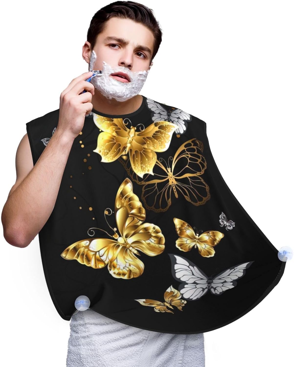 Gold White Butterflies Black Print Beard Bib Apron, Shaving Apron For Dad, Men'S Hair Catcher For Shaving Best Gifts For Dad