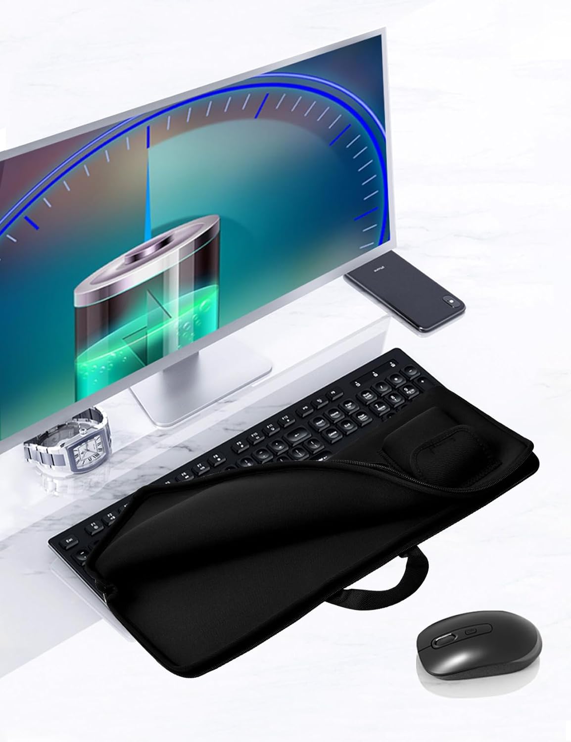 Keyboard Sleeve Travel Case for Logitech Mk270 Wireless Keyboard Compact Mouse Combo Rugged Neoprene Construction Zipper Mouse Storage and Cable Storage Pouch (Black) - Image 2