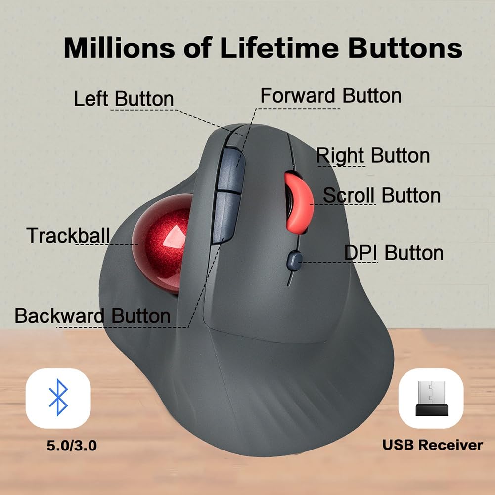 Ratón Inalámbrico con Trackball, Recargable Verticalmente, Ergonómico, con Silencioso para Juegos