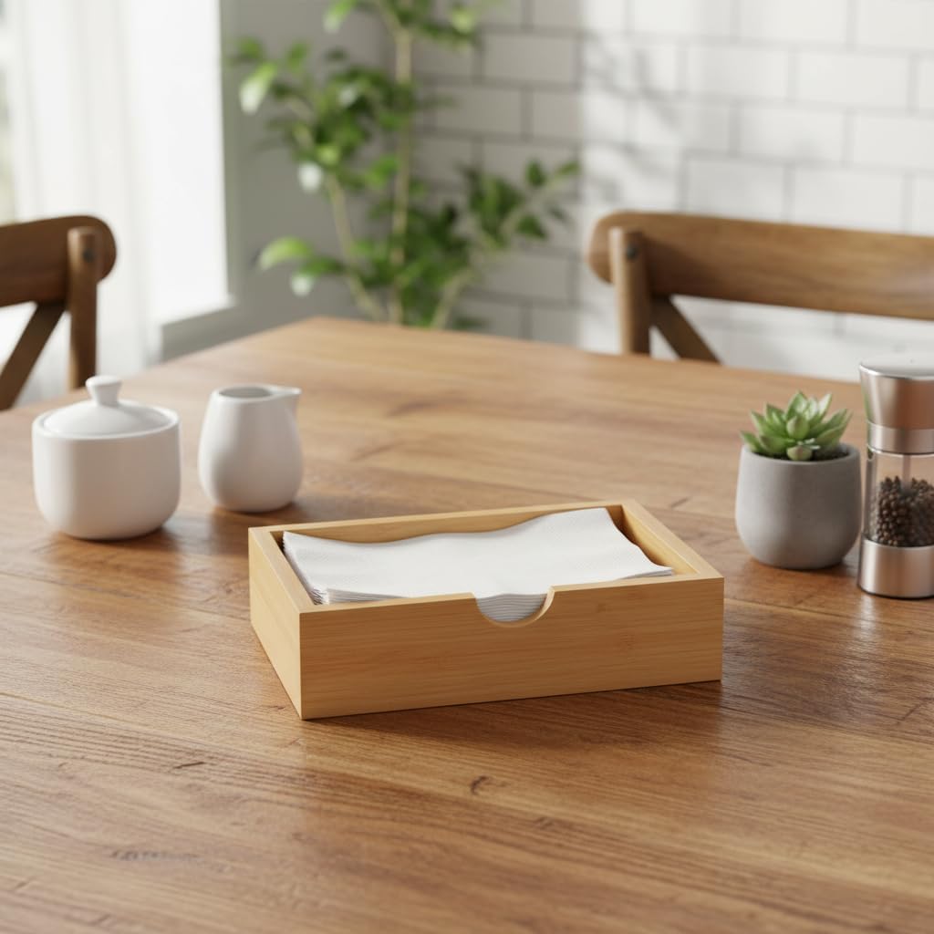 Deconox Doğal Bambu Peçetelik ve Çok Amaçlı Organizer Kutu - 18.5x12.5x5 cm Masaüstü ve Banyo Düzenleyici Ahşap Stand
