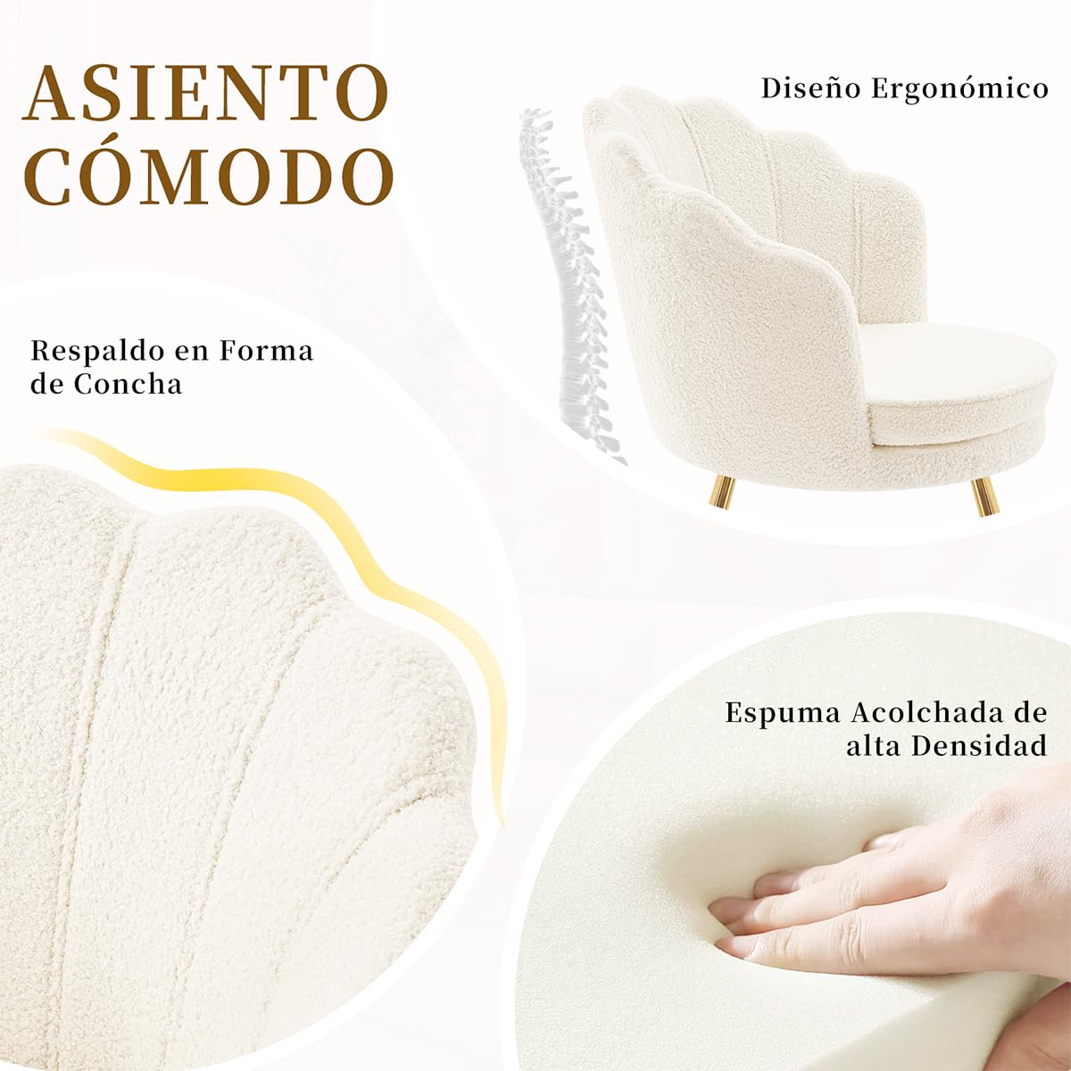 Hellove Silla Sherpa para Tocador y Dormitorio, Sillón Relax de Tela Suave con Piernas Metálicas Doradas, Diseño en Forma de Concha/Floreta, Silla de Maquillaje para Dormitorio/Salón, Blanco