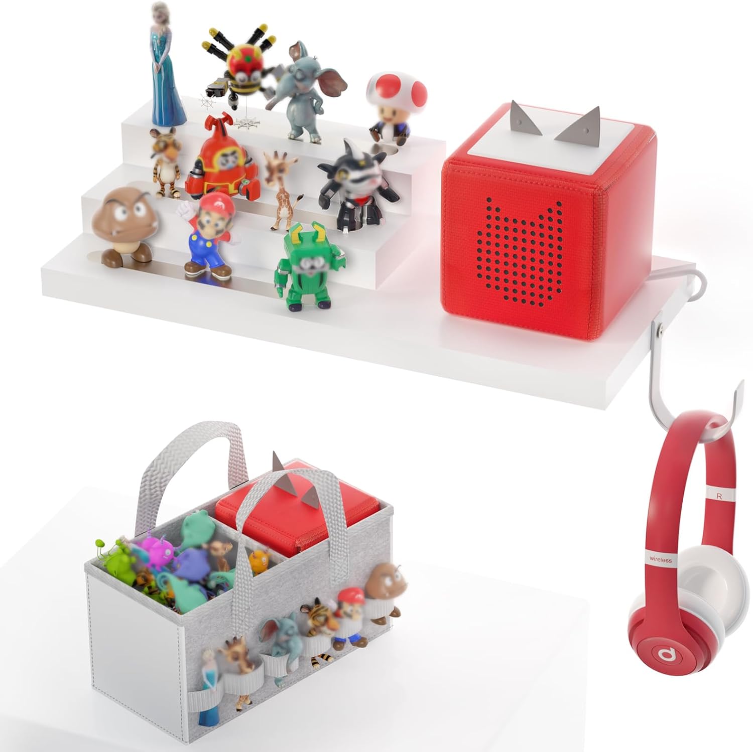 for Tonie Shelf Magnetic - Wooden Tonies Organizer with Carrying Bag, 3 Tiered Magnetic Display Shelf for Toniebox Holder, Wall Mount/Countertop Use Tonies Toy Storage for Kids Room/Playroom (White)