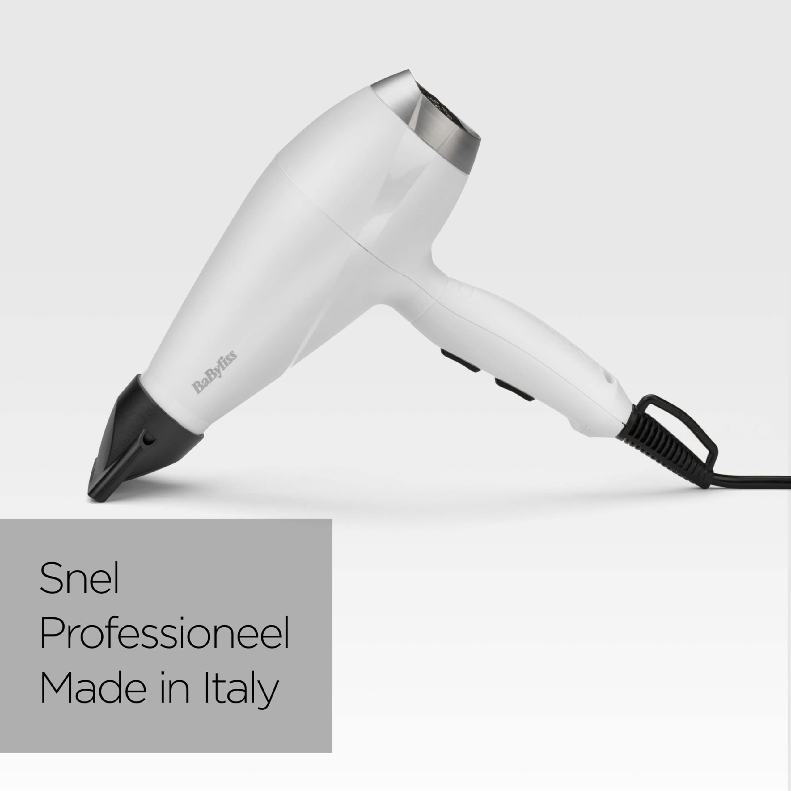 BaByliss 6704WE Made In Italy Hair Dryer with Professional AC Motor 2000W, Hair Dryer, Ultra-Fast Drying, Ionic Function, Lightweight, 3 Temperature, 2 Speed, Concentrator, White