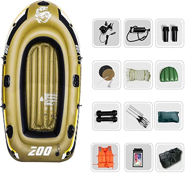3-4 Persons Inflatable Boat Canoe Set, Portable Kayak raft Adults Wood Set with Hard Bottom Stable Standing Suitable for Fishing, Rafting, Beach Surfing, Green