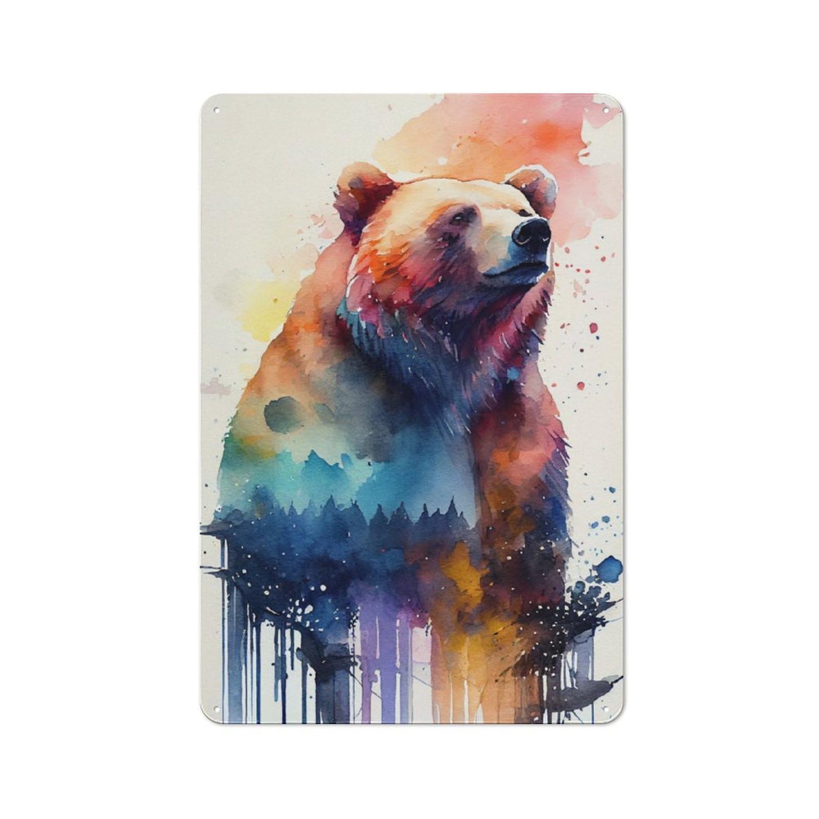 Junmoney Bear Watercolor Tin Wall Plaque 30X20cm With For Guest Room Or Hallway, For Home Office, Studio And Craft Room Walls