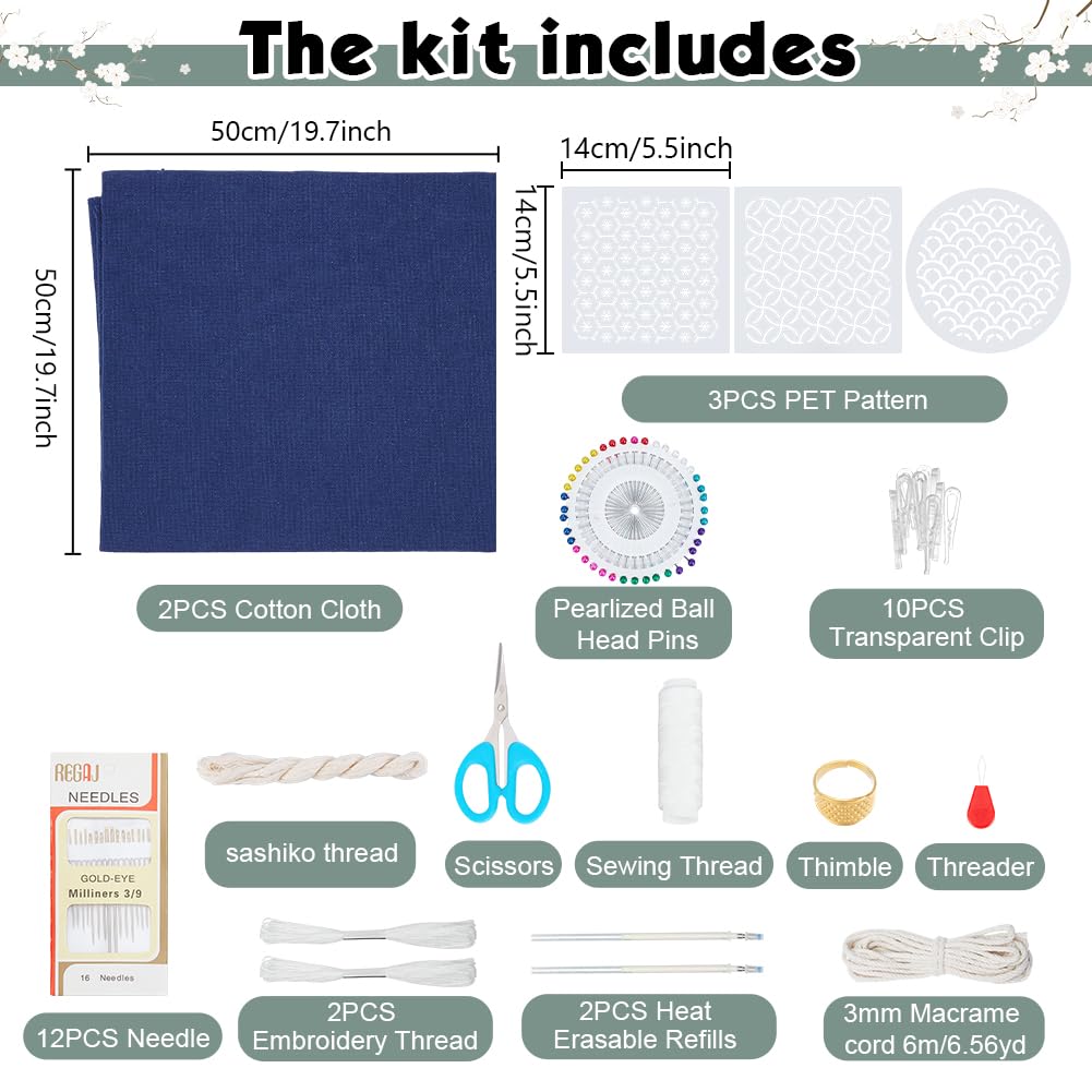 INFUNLY 3 Set Sashiko Drawstring Bag Kit DIY Sashiko Coin Purse Kit Navy Blue Fabric Sashiko Set for Beginners Make Your Own Tote Bag Sashiko Thread and Needles Hand Sewing Kit for Adults - Image 2