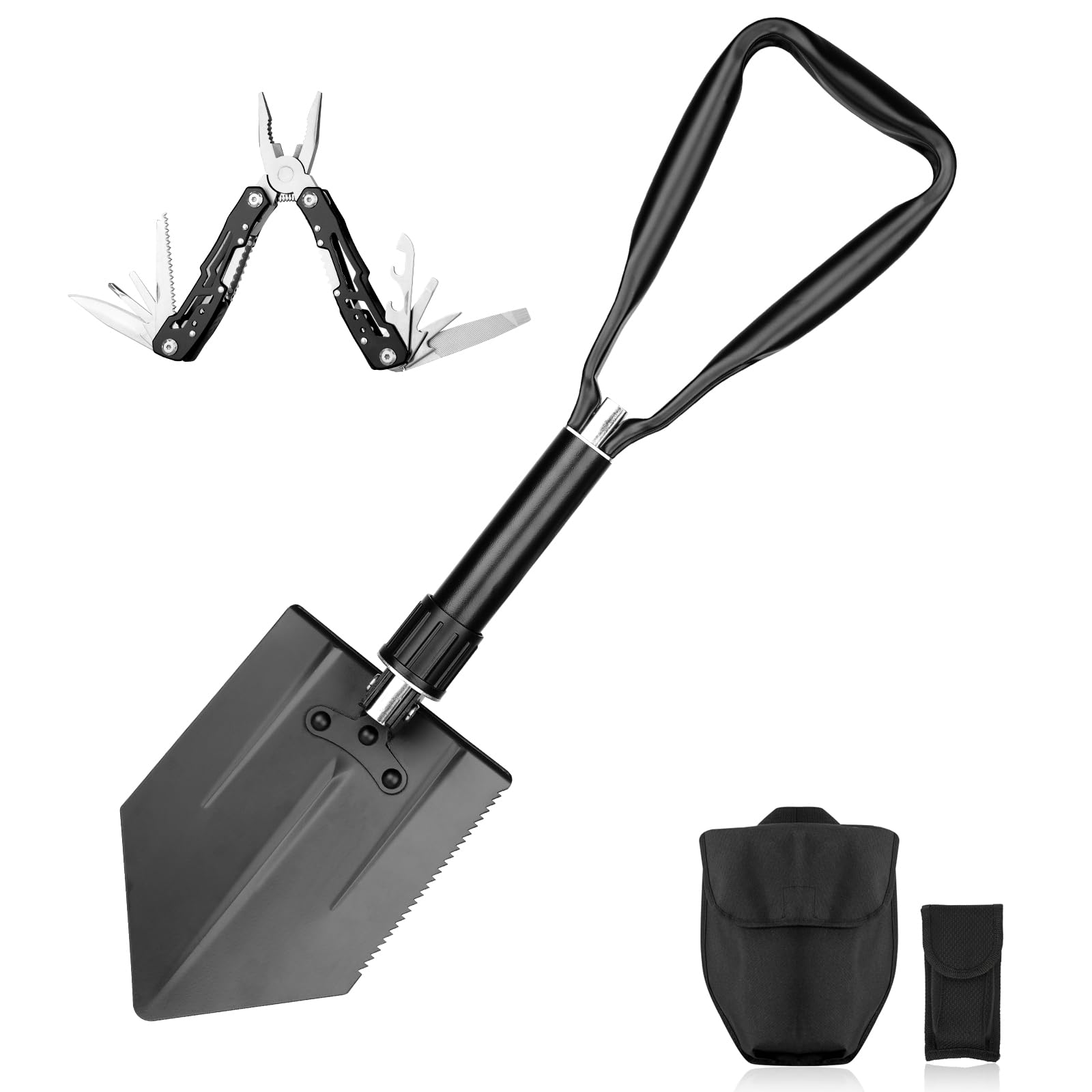 Camping Folding Shovel and 14 in 1 Multifunctional Tool with Safety Lock (Pliers, Pocket Knife, Bottle Opener, etc.) Suitable for Survival, Camping, Hunting, and Hiking (01SH01)