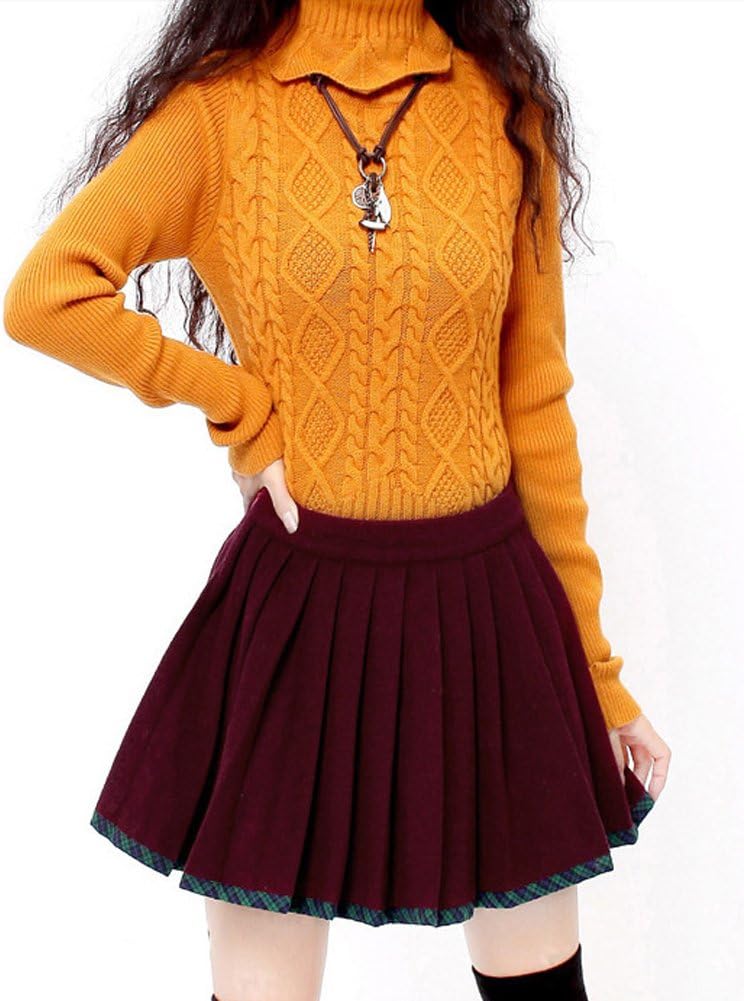 ZkCostume Women's Basic Woolen Blend Plaid Hemline Pleated Mini Skirt, Wine Red Large