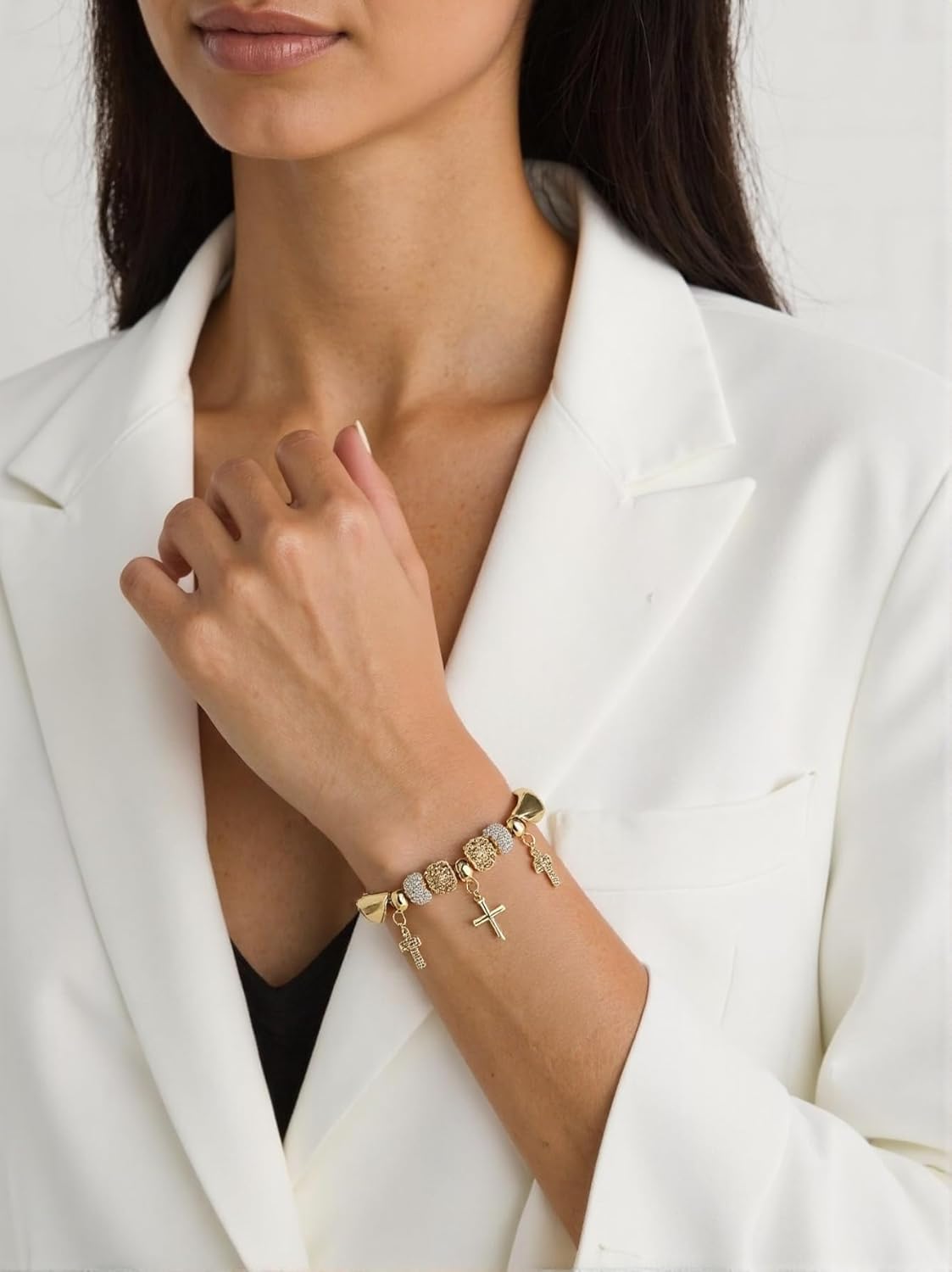 Gold Cross Beaded Bracelets for Women,Flower Cubic Zirconia Heart Pendent Adjustable Statement Trendy Non Tarnish Bracelets Jewelry Gifts for Women - Image 3