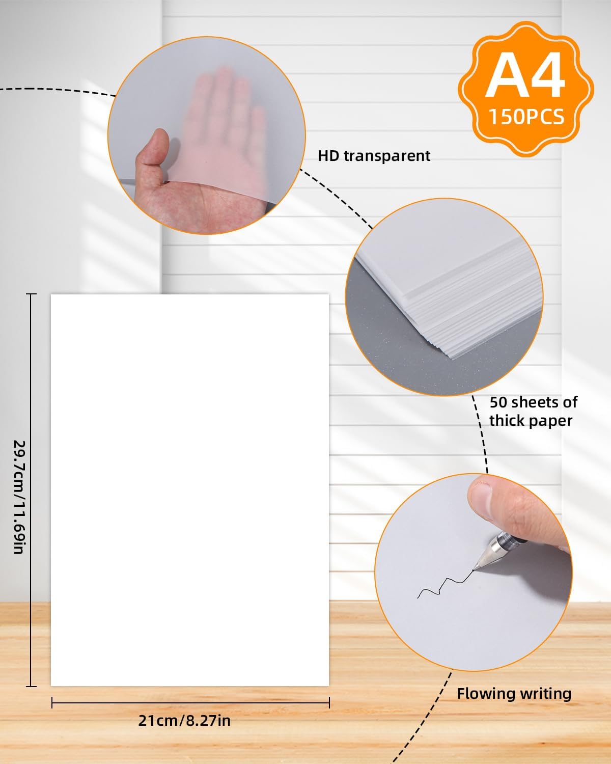 150 Papier Calque, Papier Transparent Imprimable-55 g/m², 21×29,7cm Papier Calque A4 Pour Faire Des Croquis, Craft, Ciuture, Bricolage Et Emballage