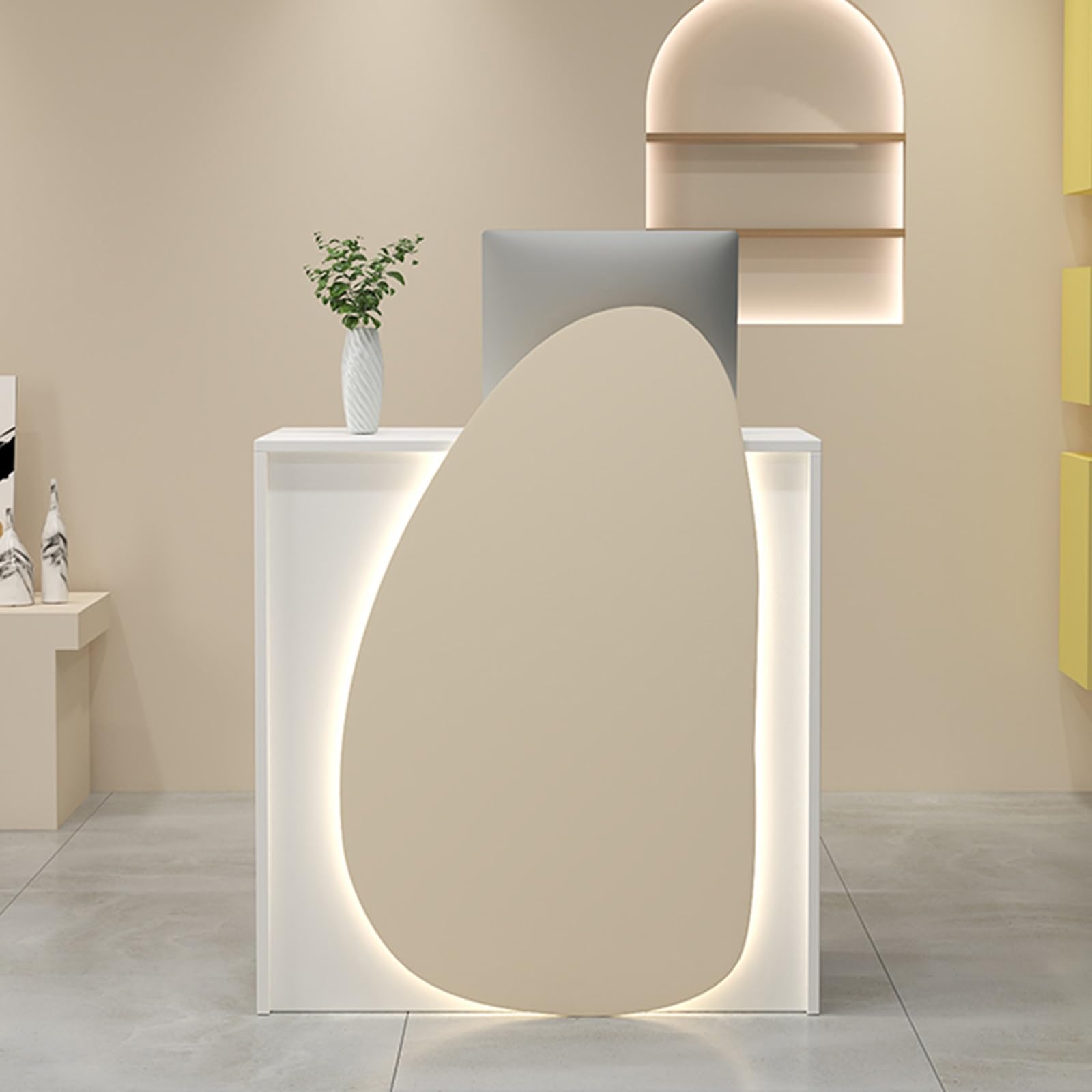 Moderno Bancone cassa,Banco da Receptionista Con Cassetti e Ripiani Banco Reception Tavolo Reception per Ufficio con Luci LED,per Supermercato, Negozio di Convenienza(Light yellow white,60/23.6in)