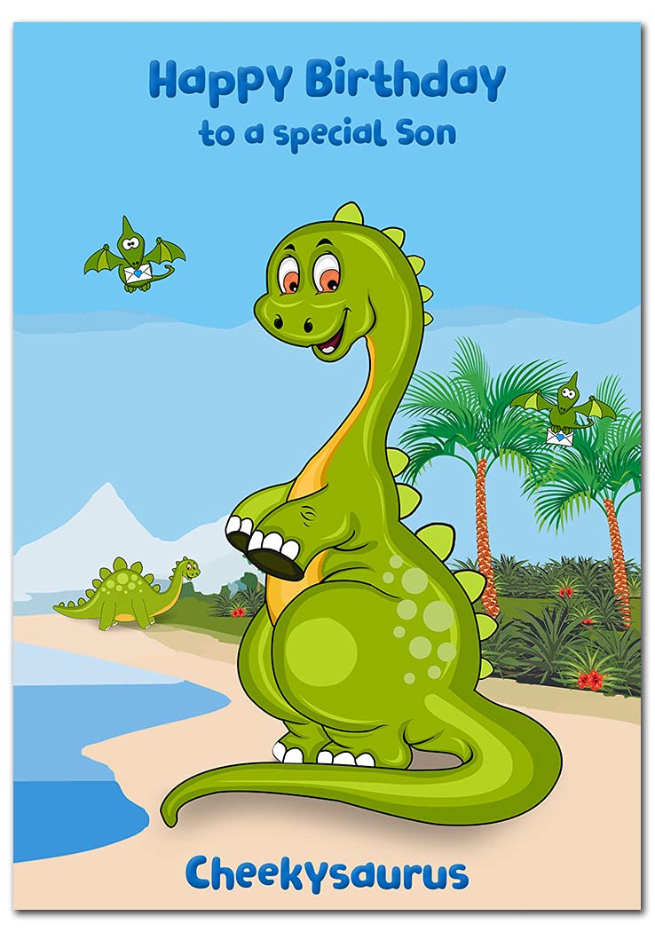Extra Large Birthday Card for Son - XL Big A4 thick size - 1 to 6 year old boy greeting - Cute Dinosaur Funny Cheekysaurus Cool Dino - Huge Happy Bday Wishes - UK Eco-Friendly