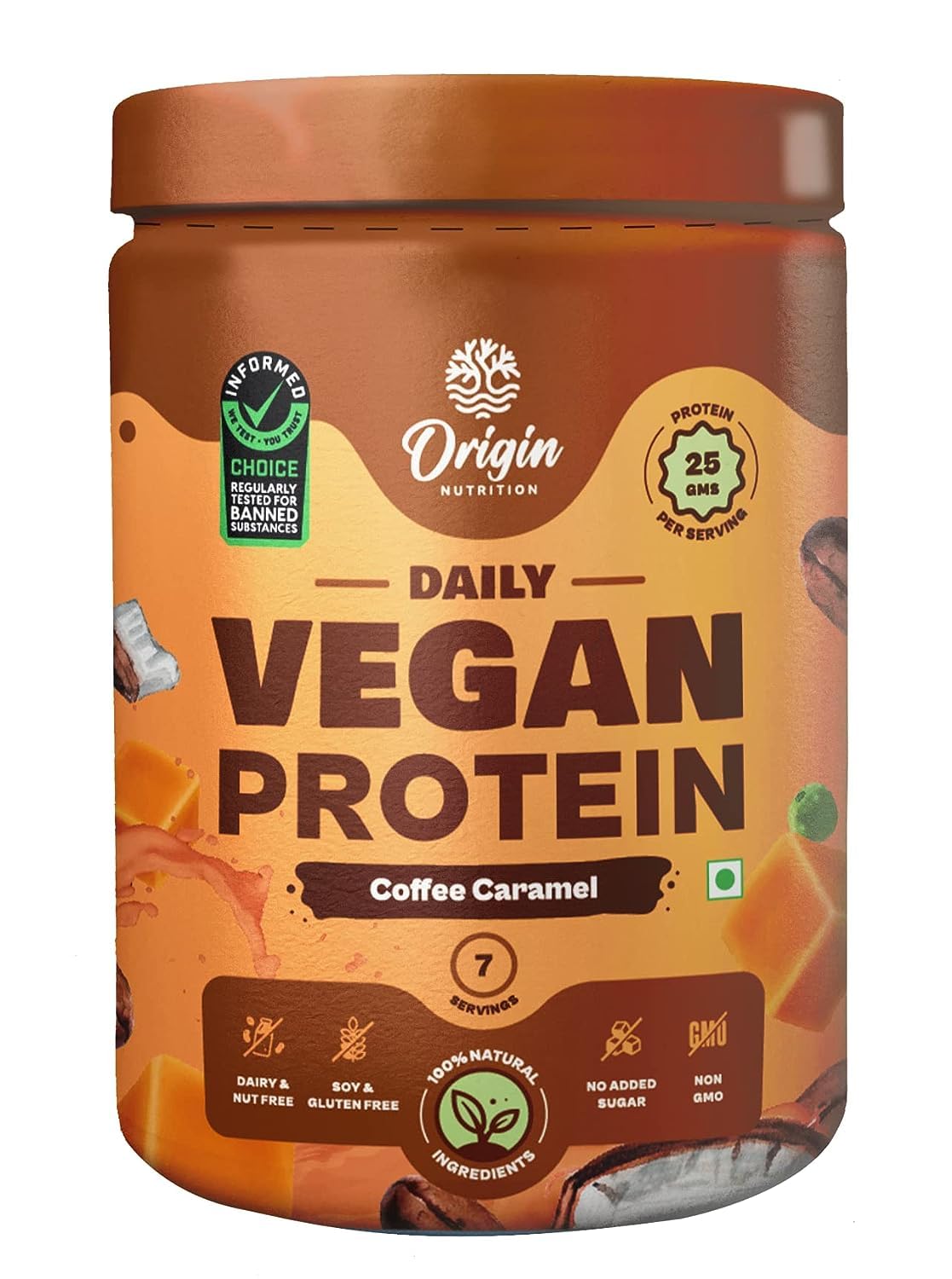 Ori@n#Nu@ion 100% Natural Vegan Plant Protein Powder,Easy to Digest Coffee Caramel with 25g Plant Based Protein,Gluten Free,Dairy Free,No Added Sugar,Soy Free,Non -GMO, Jain,7 Servings,258g