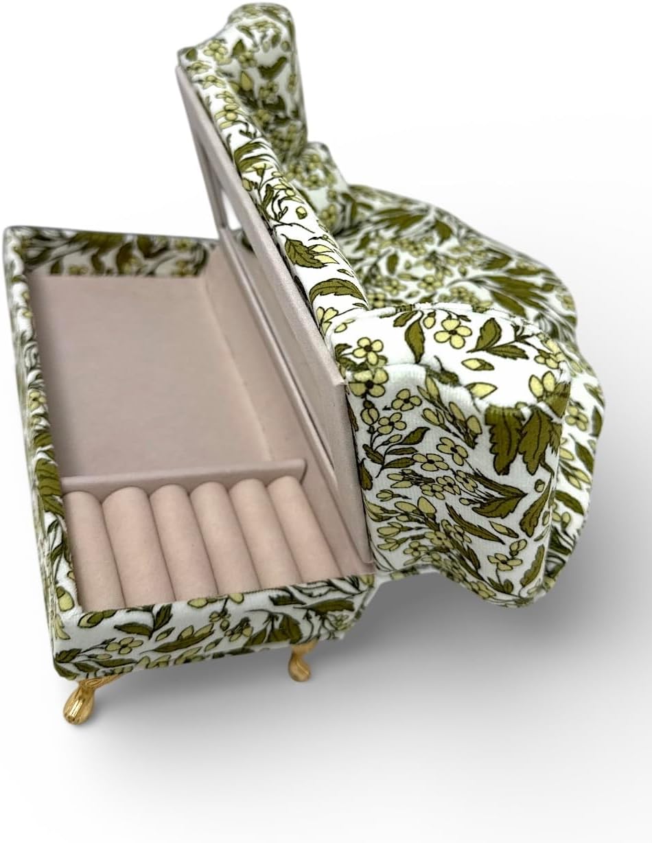 Jewelry Box- Keepsake- Small Upholstered Soft Velvet Mini Sofa, Vintage Green/Mellow Floral Toile Fabric, Decorative Accent Furniture, Dollhouse Scale