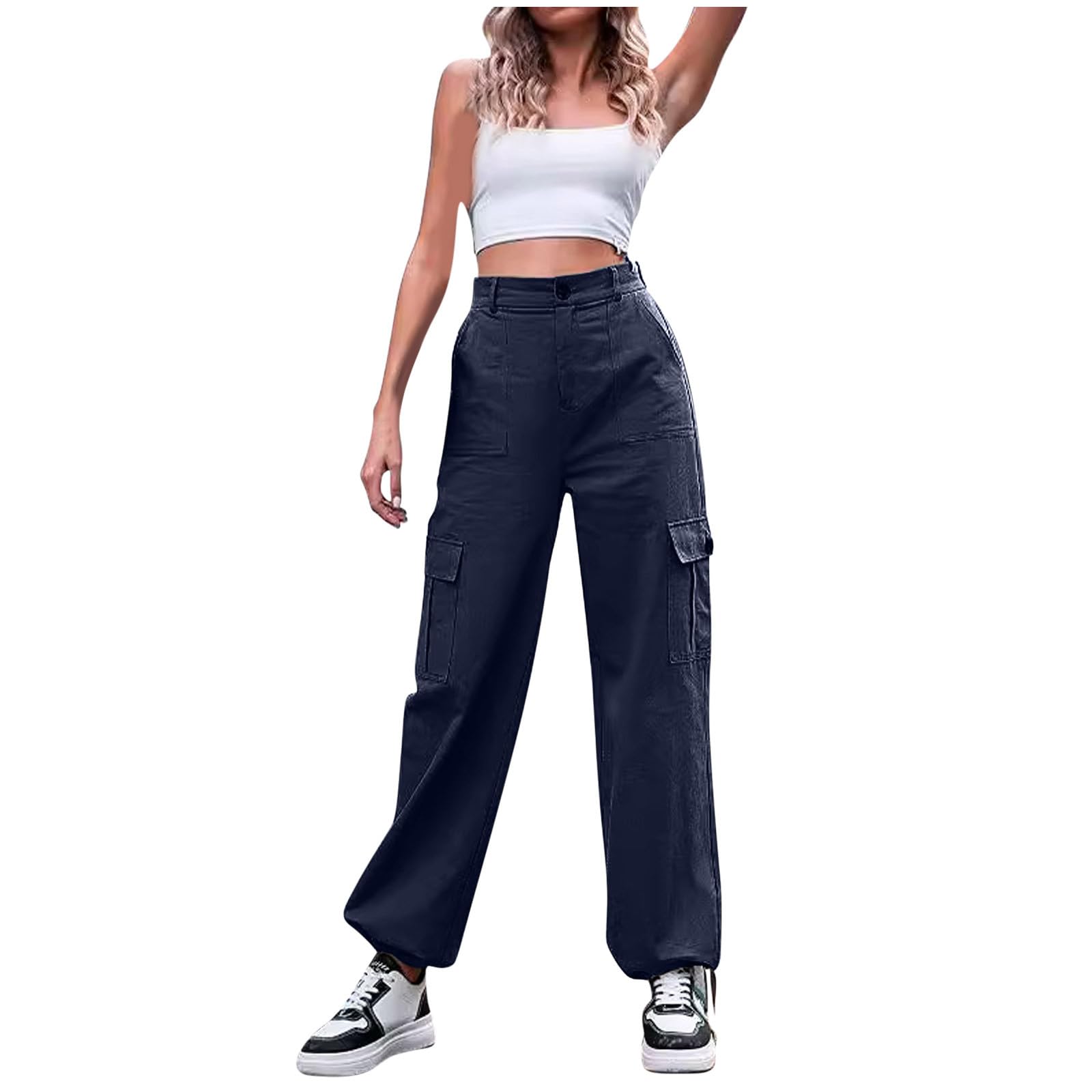 Women's Baggy Cargo Casual Pants Trendy Solid Color High Waist Straight Leg Baggy Long Trousers with Multi Pockets