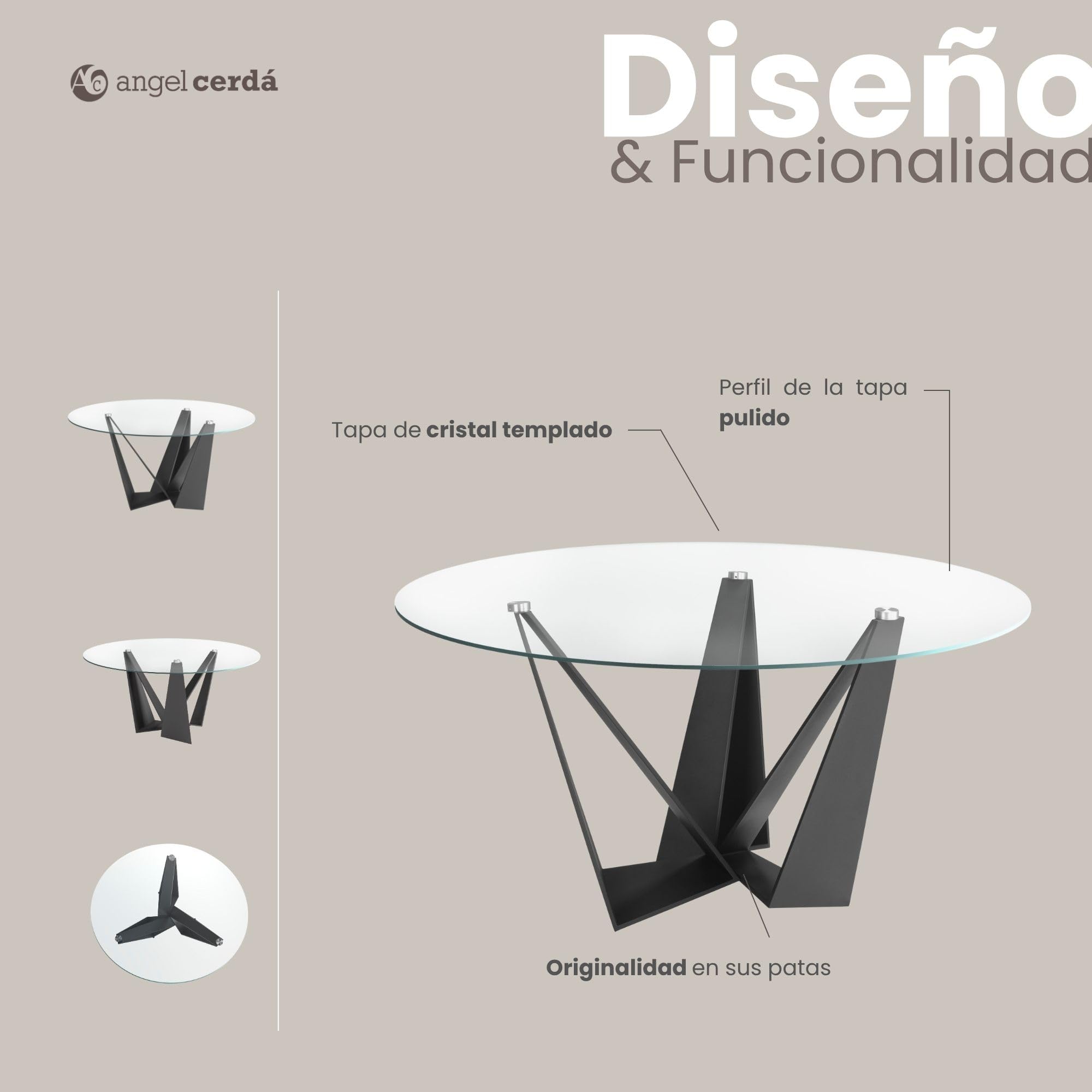 Mesa de Comedor Redonda Ángel Cerdá 1045 de Cristal Templado Transparente y Patas de Acero Color Negro, Ø 150 x 75 cm