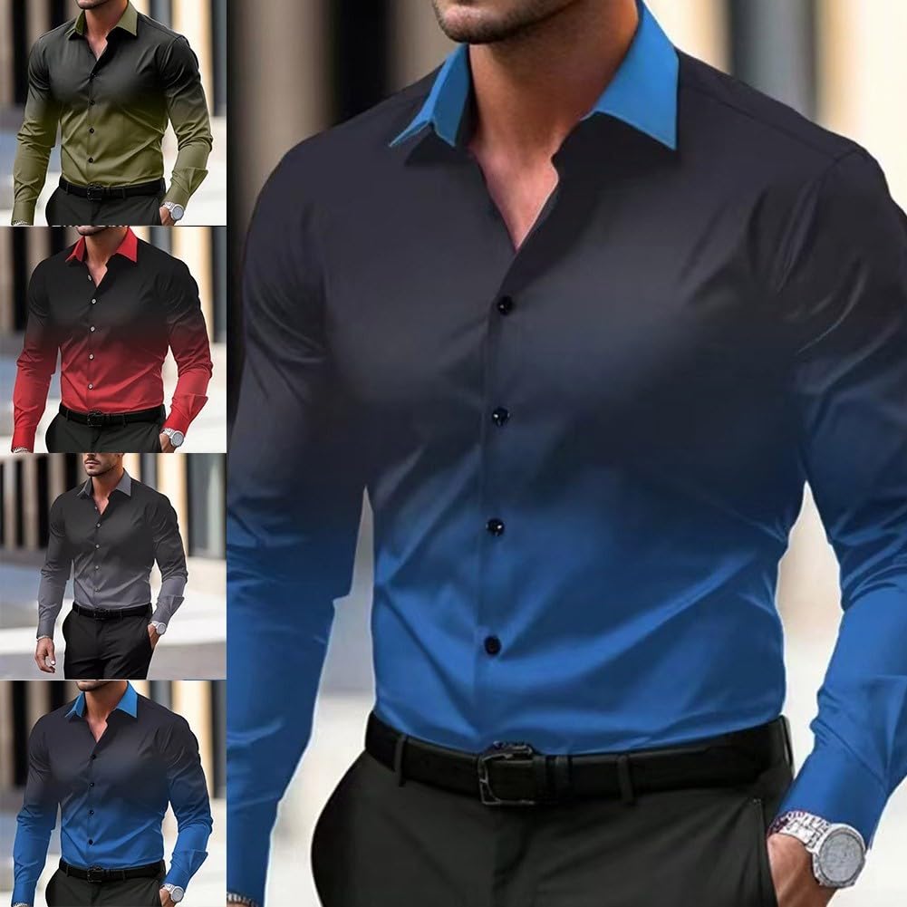Camicia da uomo casual da lavoro con maniche lunghe e stampa 3D stile sfumato (3XL rosso)