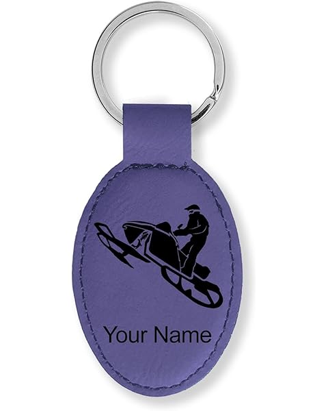LaserGram Oval Keychain, Snowmobile, Personalized Engraving Included (Dark Purple)