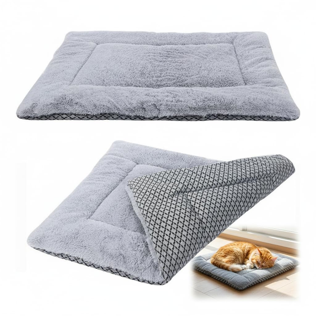 Fluffy Soft Dog Bed Mat, Warm Reversible Puppy and Cat Cushion, Washable Non-Slip Pet Bed Mattress for Small Dogs and Kittens, Indoor Plush Blanket, 90x70cm Grey