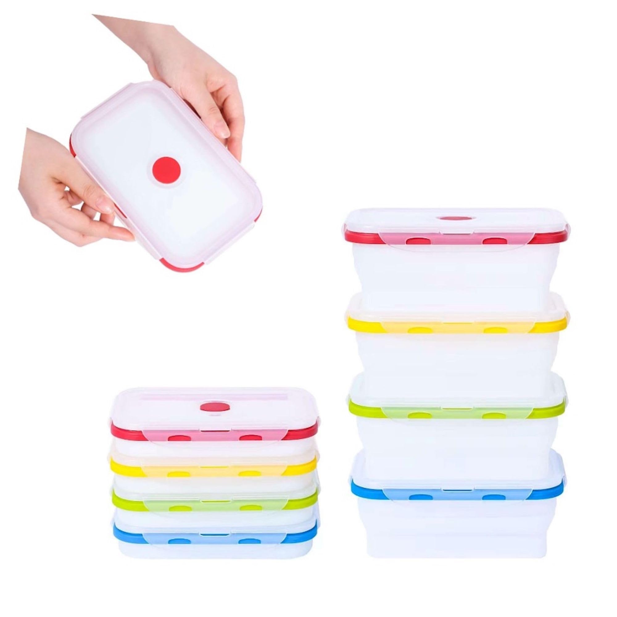 ECOBERI Collapsible Food Storage Containers, Silicone 4 Piece 27 oz Set, BPA-Free Meal Prep Containers with Airtight Lids, Space-Saving, Freezer and Dishwasher Safe