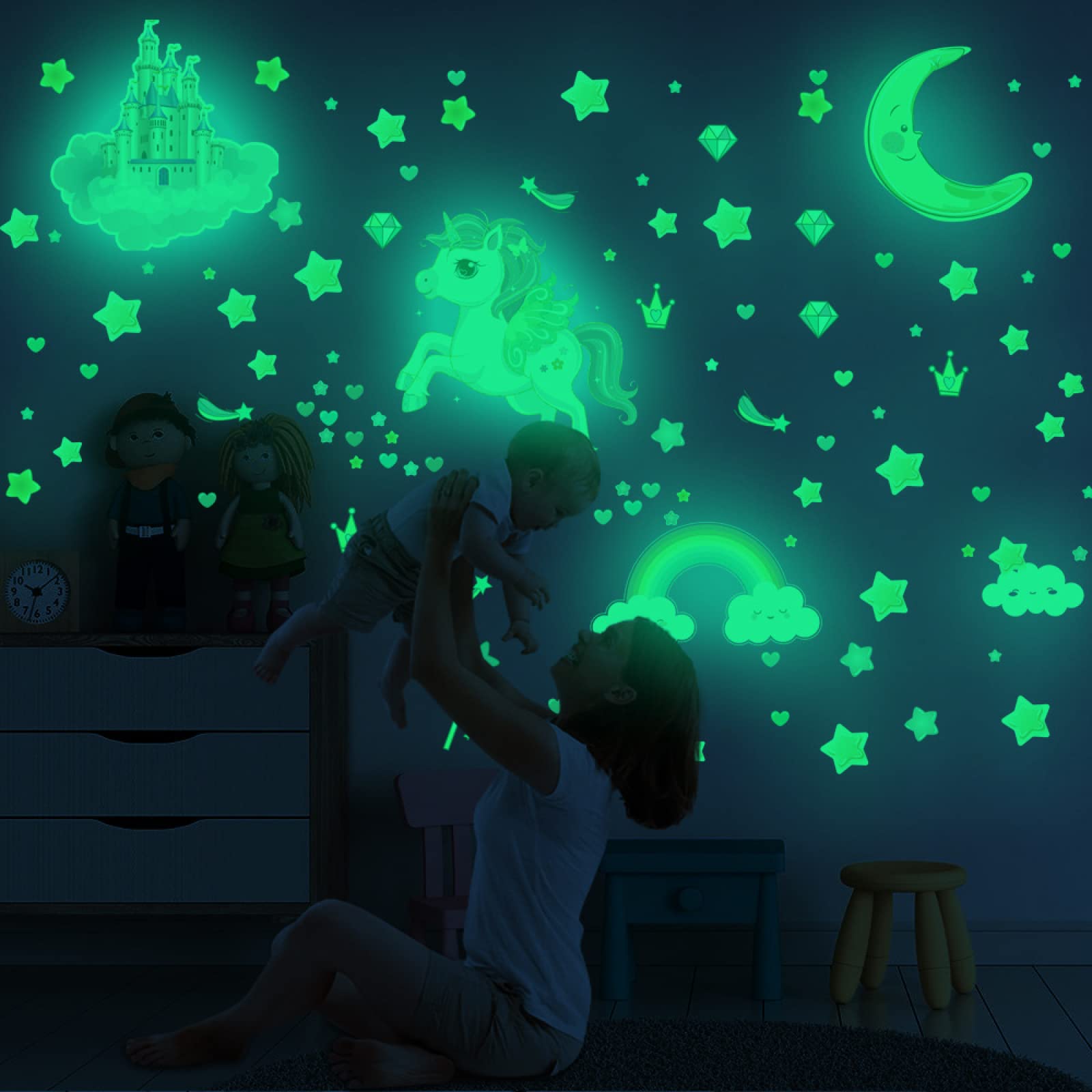 Vinilos de Pared Decorativos Unicornio Moon Rainbow Pegatinas pared Decorativas Stickers Estrellas Fluorescentes para Techo Vinilo Pared DIY Dormitorio Sala de estar Niños niñas Infantil