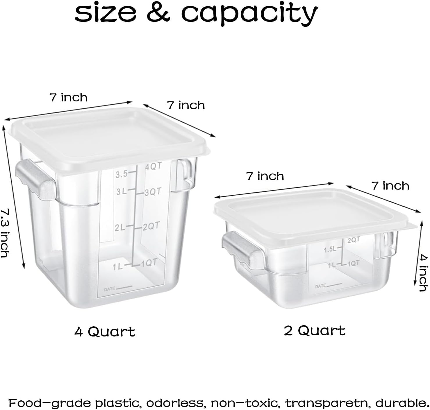 Set di 4 contenitori per alimenti con coperchio, 2 e 4 litri, in plastica trasparente, con manici per bilance, per casa, ristorante, frigorifero, congelatore, cucina, salamoia, pasta, marinare la