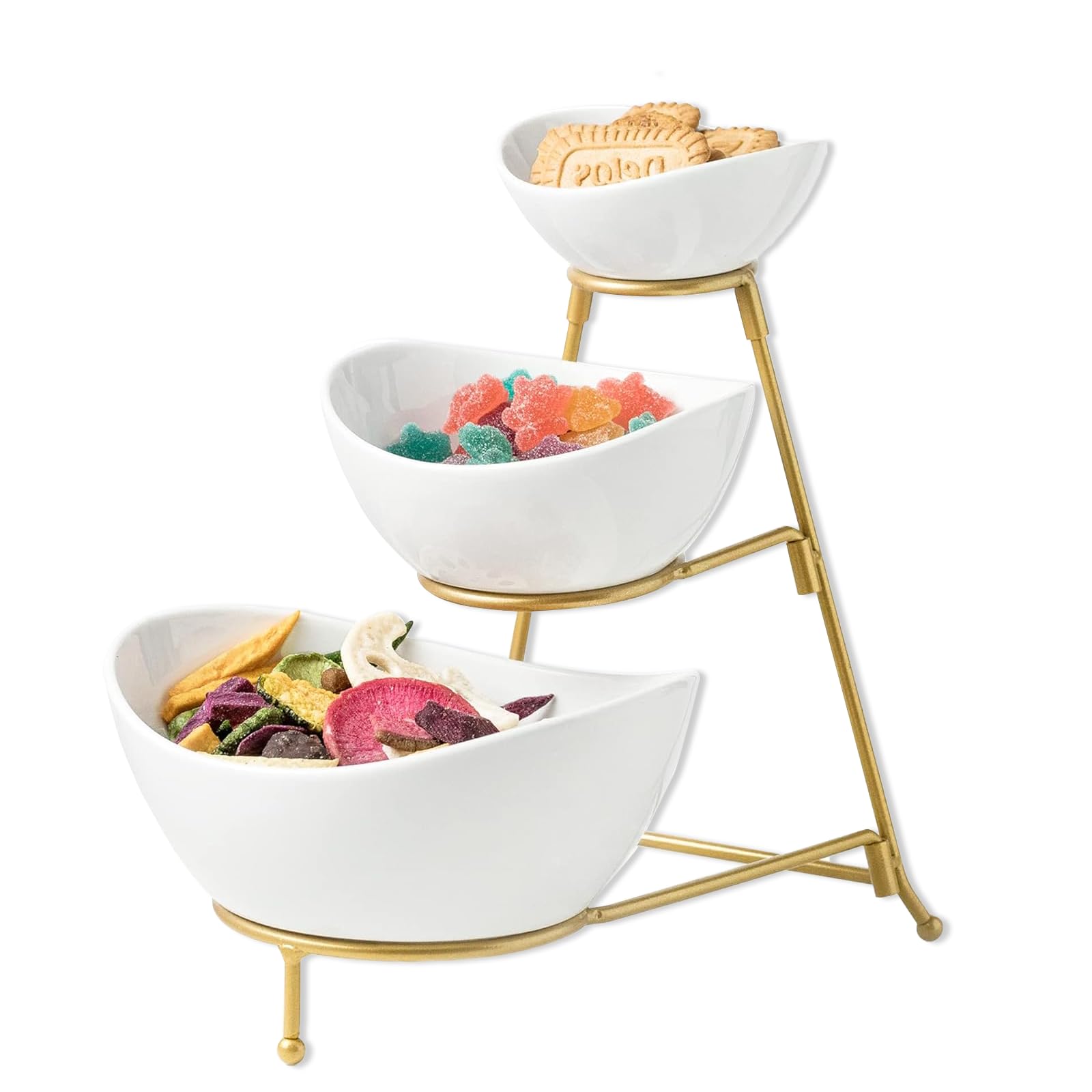 SPNOR 3 Tier Serving Bowls Set Tiered Serving Stand, Porcelain Oval Bowls with Collapsible Metal Stand for Entertaining, Party, Dessert Display, Candy, Chip and Dip (Gold)