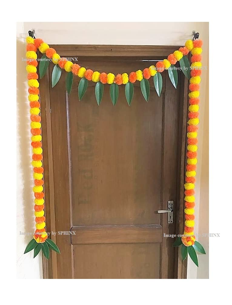 Sphinx artificial fluffy marigold and mango leaves toran for door entrance decoration ( approx.100 x 152 cms)- (SL, Yellow & Dark Orange)