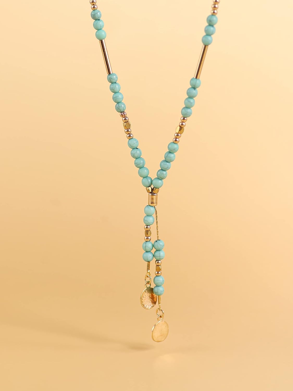 MINACHI Bohemian Created Turquoise Necklace, Vintage Bohemian Gold Plated Chain Created Turquoise Bead Y Necklace, Boho Jewelry Gift for Women