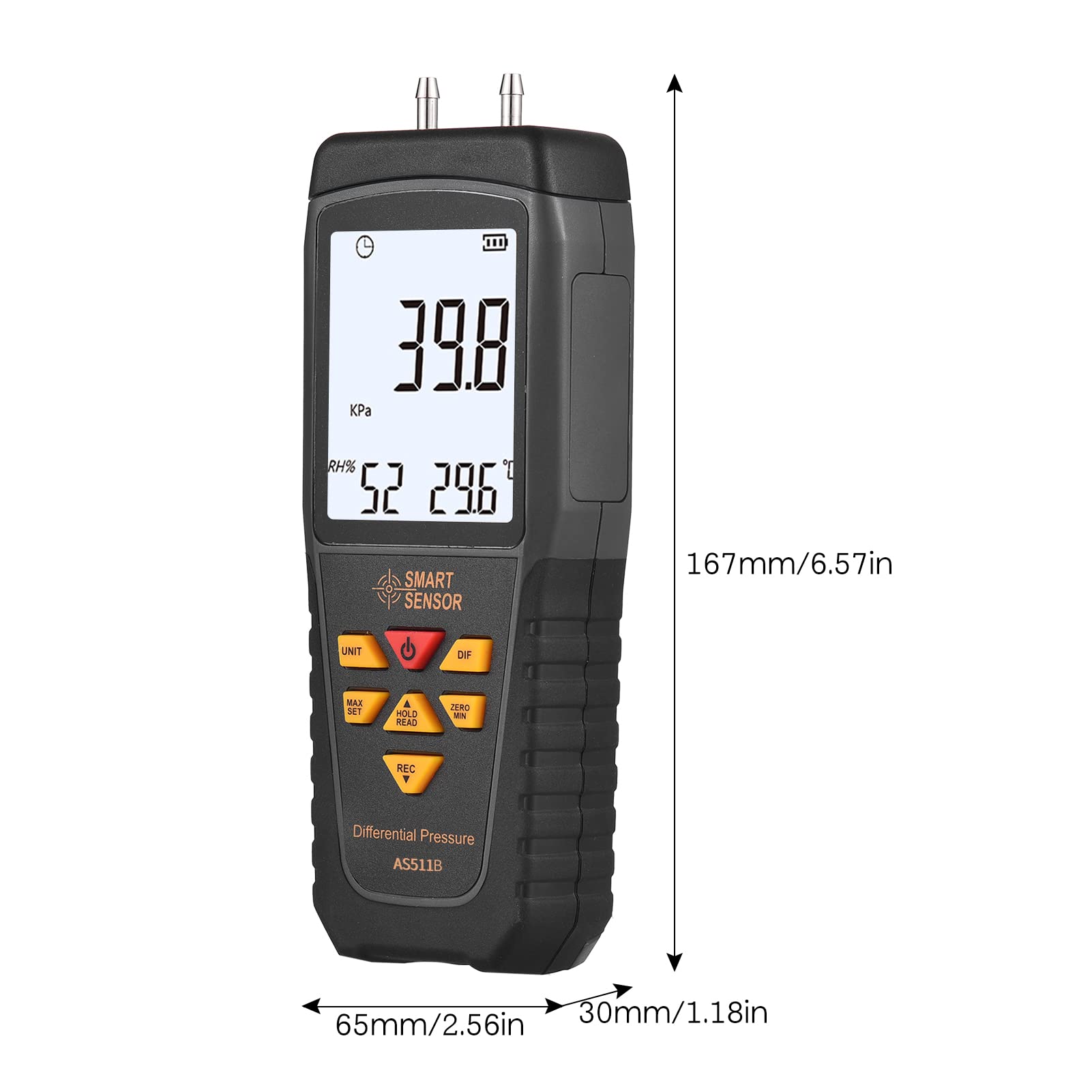 Irfora AS511 Digital Differential Pressure Gauge -39.98~39.98KPA Manometer Dual Port Air Gas Pressure Tester with LCD Backlight Display Supports Temperature & Humidity Measurement 12 Units Data