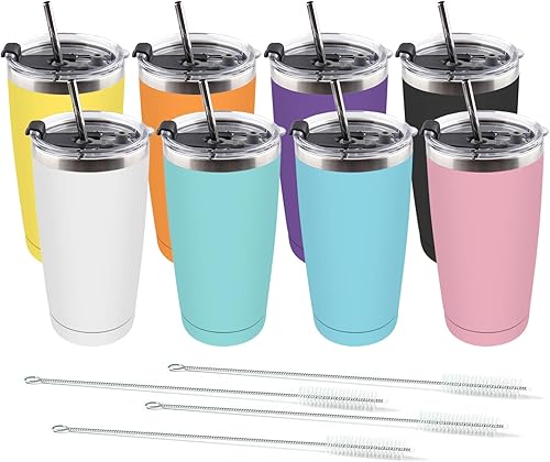 Amtidy Paquete de 8 vasos de acero inoxidable de 20 onzas con tapa, vaso aislado al vacío con recubrimiento en polvo, con popote y cepillo de