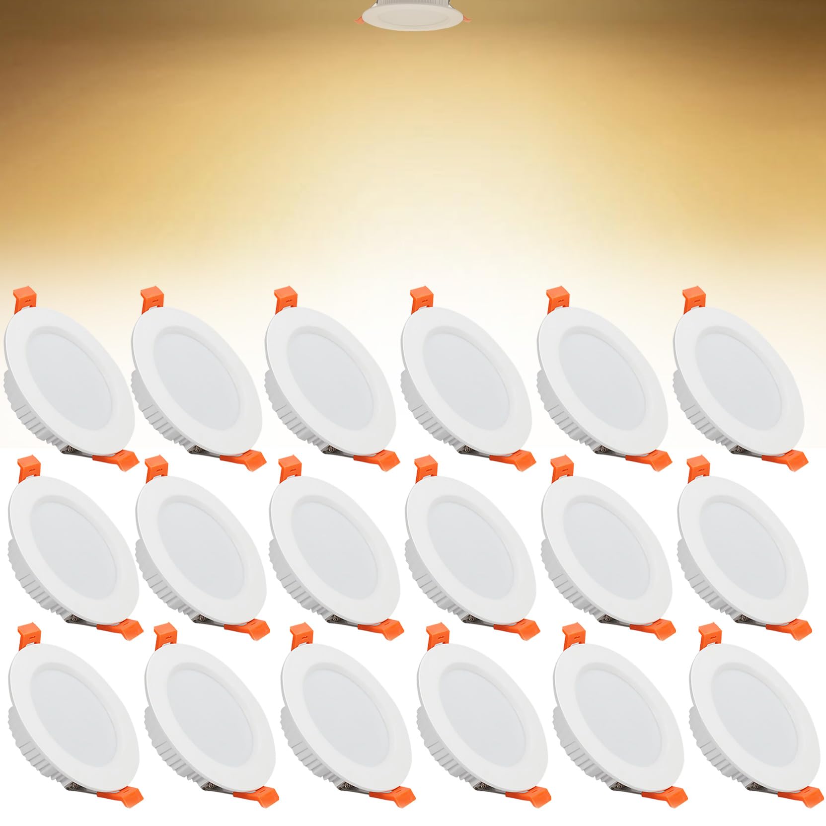 9W LED Recessed Ceiling Spotlights, 3000K Warm White Ultra Slim Panel Light, Cut Φ90-100mm, AC110-240V Round Downlights for Living Room Office, 18 Pack