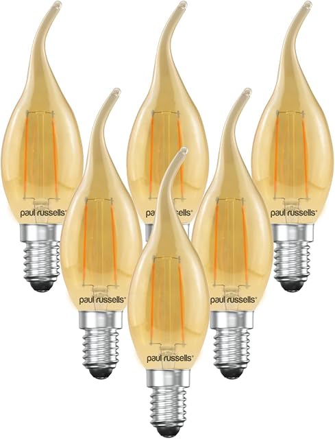paul russells LED Filament Flame Candle Light Small Edison Screw E14, 20w Equivalent Replacement C35T Lamp 2.5W 200LM Lumens 2200K Amber Bulbs, Energy Saving Chandelier Bent-Tip Lightbulbs, Pack of 6