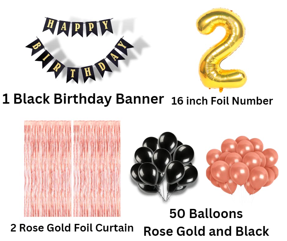 Image of 2nd Birthday Decoration items for Girls with Black and Rose Gold Balloons, Black Happy Birthday Banner, Rose Gold Foil Curtain, Foil Balloon number 2