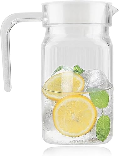 Yctze - Jarra pequeña de acrílico transparente, botella de jugo a rayas, agua helada, jarra para jugo frío con tapa para bar y hogar (16.9 fl oz)
