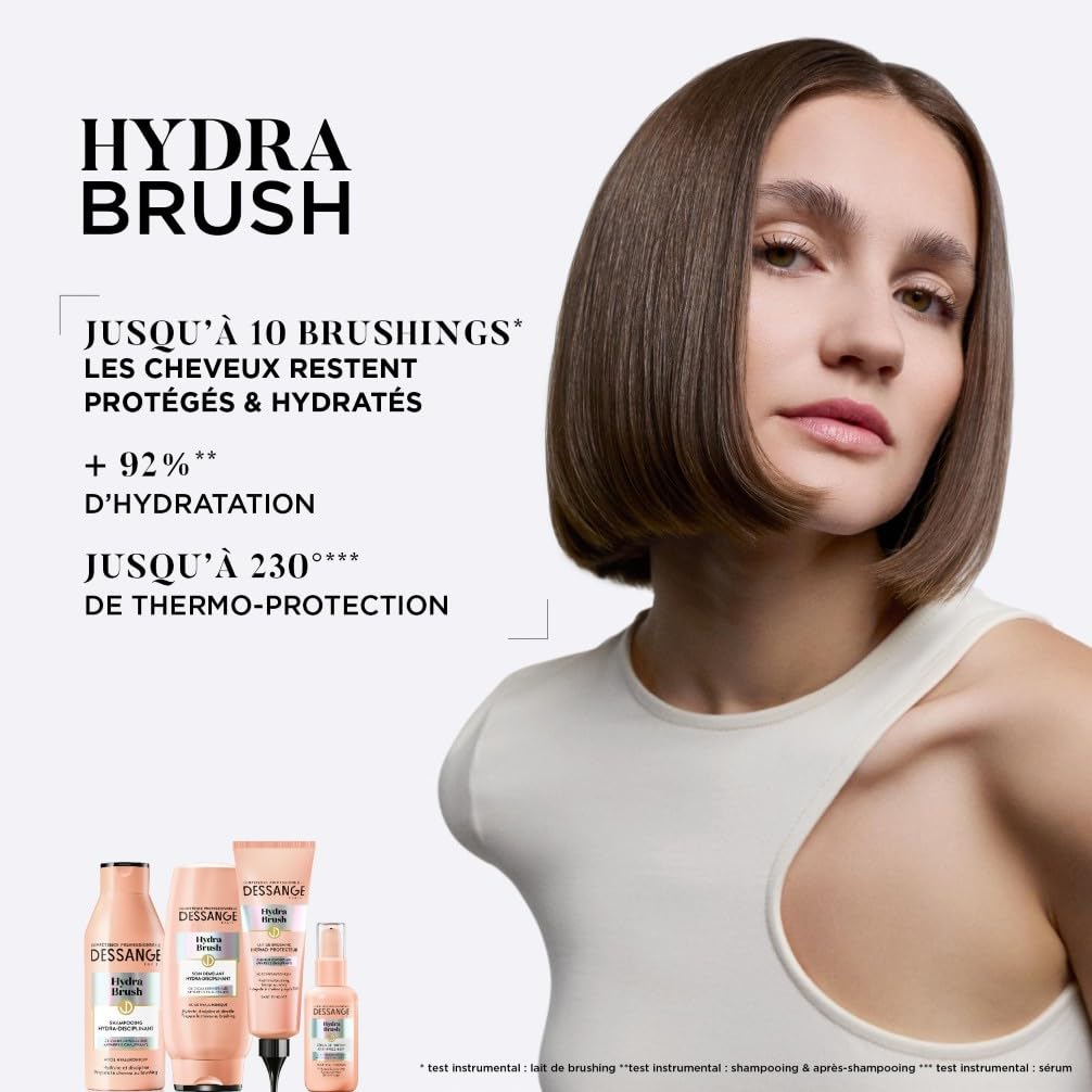 DESSANGE - Coffret Hydratant & Disciplinant Hydra-Brush - Shampoing Disciplinant + Lait de Brushing Thermoprotecteur + Sérum De Finition Anti-Frizz 48H* - Formule Enrichie À l'Acide Hyaluronique*