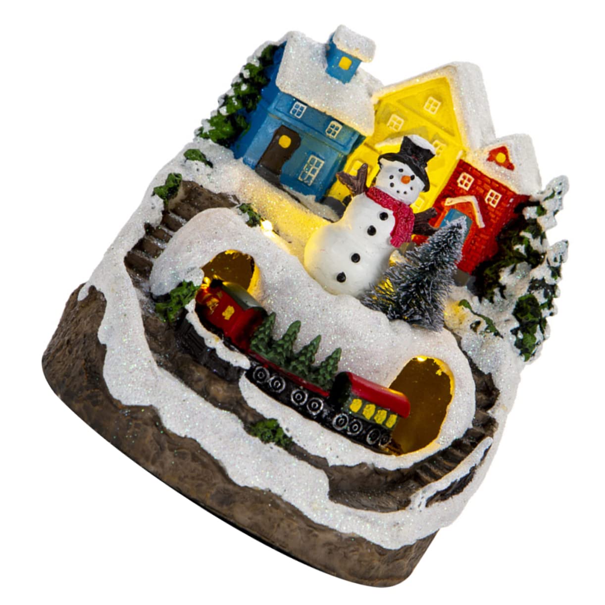 PRETYZOOM Casa Iluminada Navideña Miniatura con Música y Tren Eléctrico, Figura Decorativa De Resina Pequeña, Obsequio para Navidad y Escritorio, Diseño Nieve y Muñeco De Nieve,
