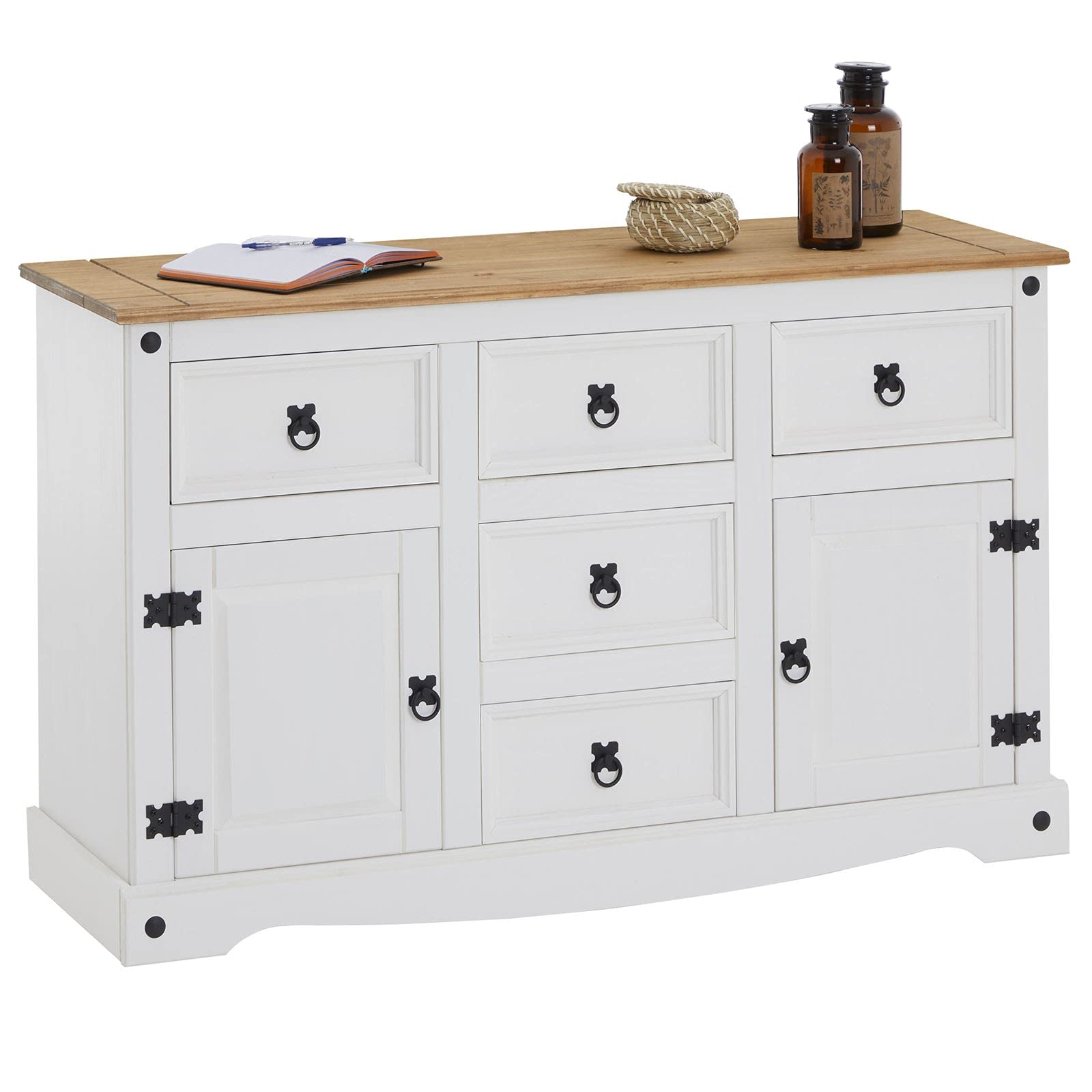 CARO-Möbel Sideboard Campo, Kommode Kiefer massiv, weiß lasiert, 5 Schubladen und 2 Türen