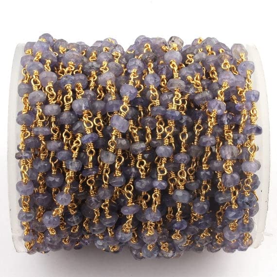 Chaîne en tanzanite pour fabriquer des bijoux fins, perles de 4mm et câble en plaqué or 24 carats