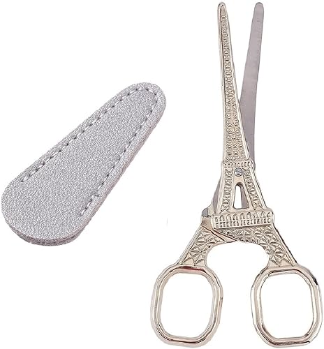 SUNNYCLUE 1 pieza, 2 estilos, cubierta de tijeras de coser de torre Eiffel de acero inoxidable, tijeras de bordado vintage con funda de piel