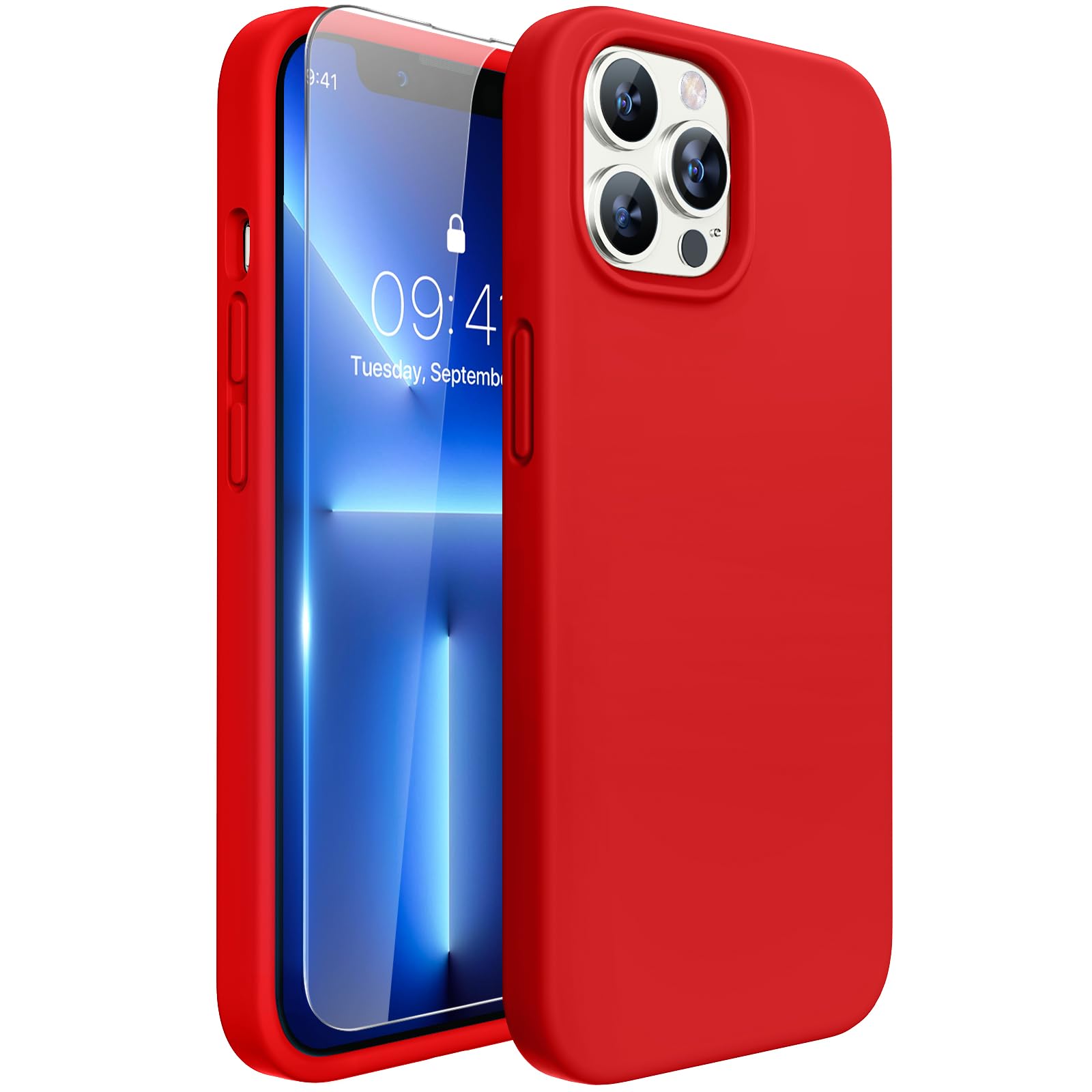 Miracase Designed for iPhone 13 Pro Max Case with Screen Protector,[Soft Anti-Scratch Microfiber Lining],Shockproof Liquid Silicone Rubber Phone Case Cover 6.7 inch, Red