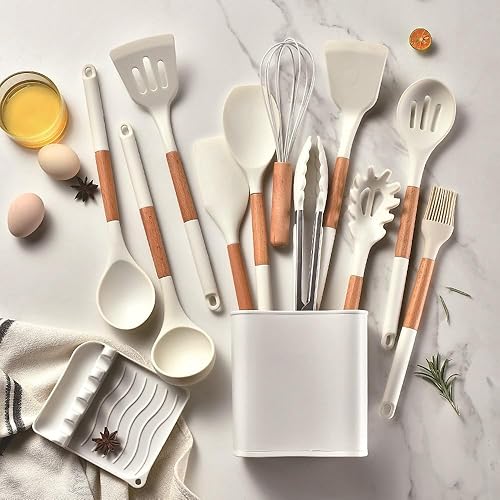 Miniatura 4 de Juego de utensilios de cocina de silicona con mango de madera para cocinar, cocinar, hornear, utensilios de cocina multiusos 12 juegos (blanco)