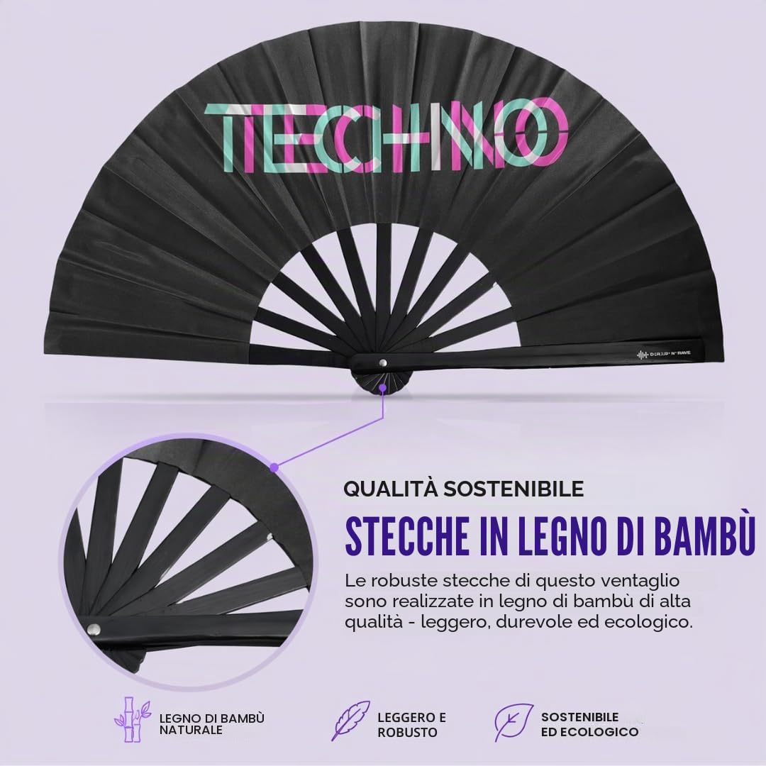 Techno-XL - Ventaglio a mano con luce UV, con leggero luccichio verde, l'accessorio indispensabile per Techno Rave Festivals Club, pieghevole, grande, in legno di bambù, nero